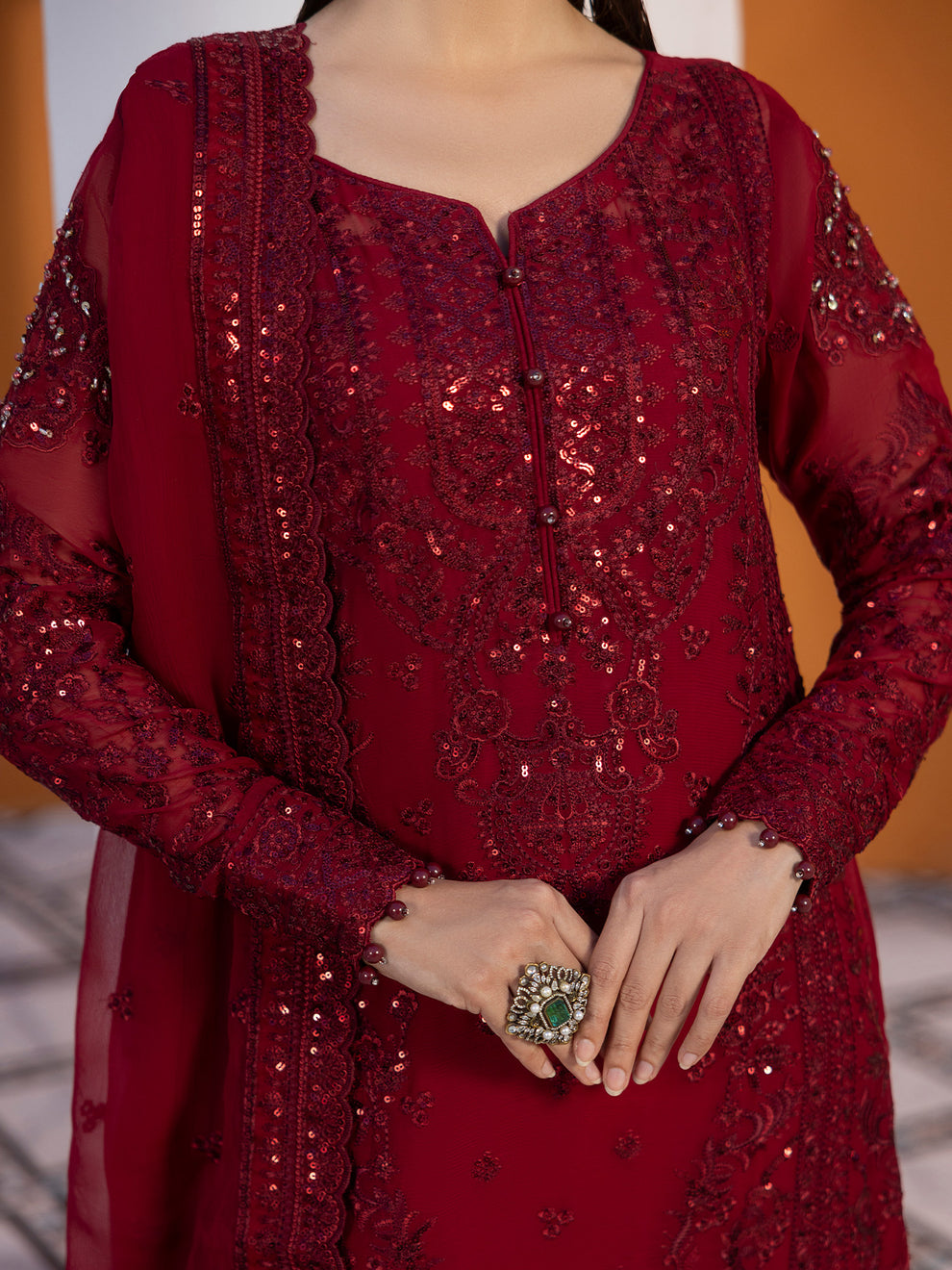 Buy Gulaal Maeri Luxury Chiffion '26 | Crimson . choose good quality brands like Maria b zainab Chottani, Hussain Rehar etc... Various Pakistani branded dresses summer fabric, elegant design, perfect for casual & formal wear also shop eid collections from khaslibaas .delivery available in UK, USA, Canada, UAE, Dubai and other countries... 