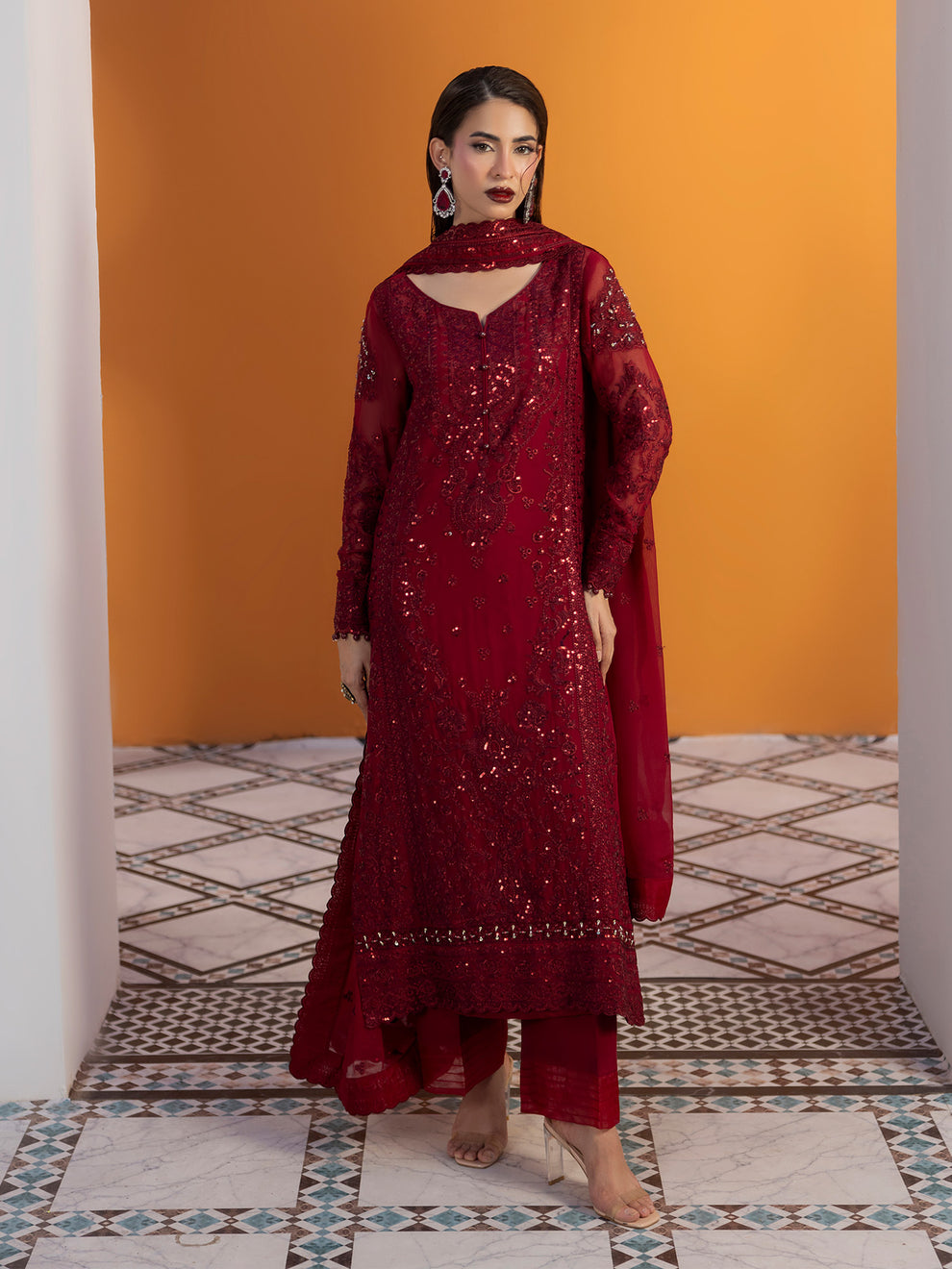 Buy Gulaal Maeri Luxury Chiffion '26 | Crimson . choose good quality brands like Maria b zainab Chottani, Hussain Rehar etc... Various Pakistani branded dresses summer fabric, elegant design, perfect for casual & formal wear also shop eid collections from khaslibaas .delivery available in UK, USA, Canada, UAE, Dubai and other countries... 