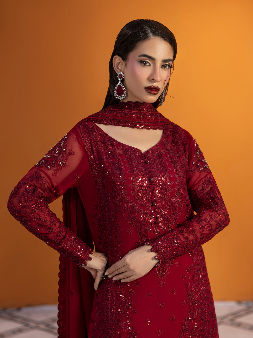 Buy Gulaal Maeri Luxury Chiffion '26 | Crimson . choose good quality brands like Maria b zainab Chottani, Hussain Rehar etc... Various Pakistani branded dresses summer fabric, elegant design, perfect for casual & formal wear also shop eid collections from khaslibaas .delivery available in UK, USA, Canada, UAE, Dubai and other countries... 