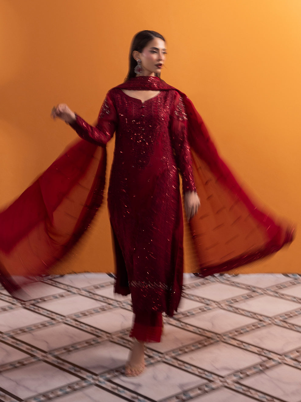 Buy Gulaal Maeri Luxury Chiffion '26 | Crimson . choose good quality brands like Maria b zainab Chottani, Hussain Rehar etc... Various Pakistani branded dresses summer fabric, elegant design, perfect for casual & formal wear also shop eid collections from khaslibaas .delivery available in UK, USA, Canada, UAE, Dubai and other countries... 