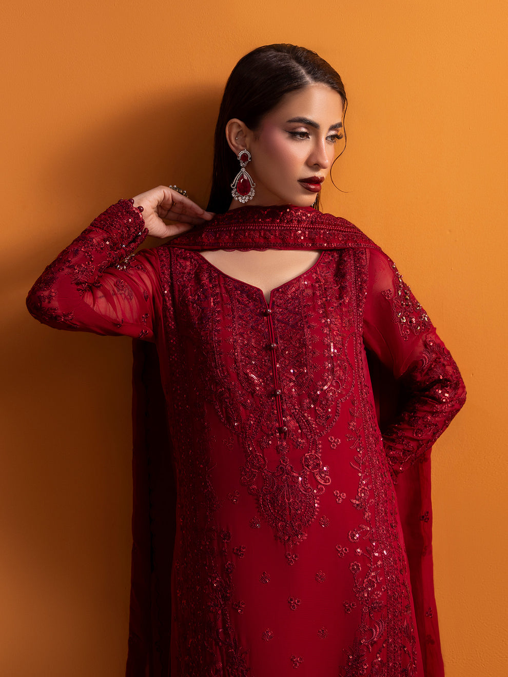 Buy Gulaal Maeri Luxury Chiffion '26 | Crimson . choose good quality brands like Maria b zainab Chottani, Hussain Rehar etc... Various Pakistani branded dresses summer fabric, elegant design, perfect for casual & formal wear also shop eid collections from khaslibaas .delivery available in UK, USA, Canada, UAE, Dubai and other countries... 