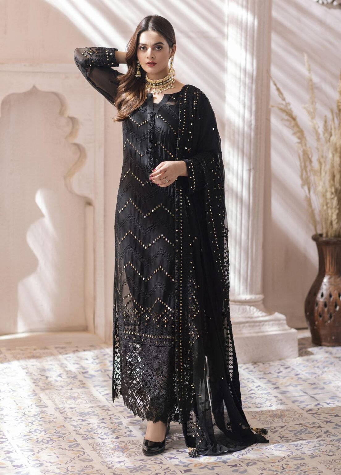 Buy Naushad Imdad Chiffon BLACK ECLIPSE. choose good quality brands like Maria b zainab Chottani, Hussain Rehar etc... Various Pakistani branded dresses summer fabric, elegant design, perfect for casual & formal wear also shop eid collections from khaslibaas .delivery available in UK, USA, Canada, UAE, Dubai and other countries... 
