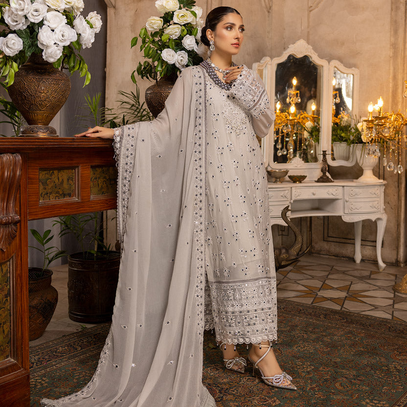 Buy Merakish Embroidered Chiffon 3 Piece Suit Cloud Gray. choose good quality brands like Maria b zainab Chottani, Hussain Rehar etc... Various Pakistani branded dresses summer fabric, elegant design, perfect for casual & formal wear also shop eid collections from khaslibaas .delivery available in UK, USA, Canada, UAE, Dubai and other countries... 