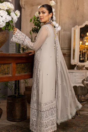 Buy Merakish Embroidered Chiffon 3 Piece Suit Cloud Gray. choose good quality brands like Maria b zainab Chottani, Hussain Rehar etc... Various Pakistani branded dresses summer fabric, elegant design, perfect for casual & formal wear also shop eid collections from khaslibaas .delivery available in UK, USA, Canada, UAE, Dubai and other countries... 