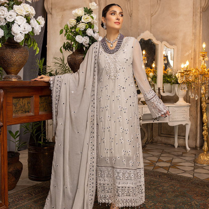 Buy Merakish Embroidered Chiffon 3 Piece Suit Cloud Gray. choose good quality brands like Maria b zainab Chottani, Hussain Rehar etc... Various Pakistani branded dresses summer fabric, elegant design, perfect for casual & formal wear also shop eid collections from khaslibaas .delivery available in UK, USA, Canada, UAE, Dubai and other countries... 