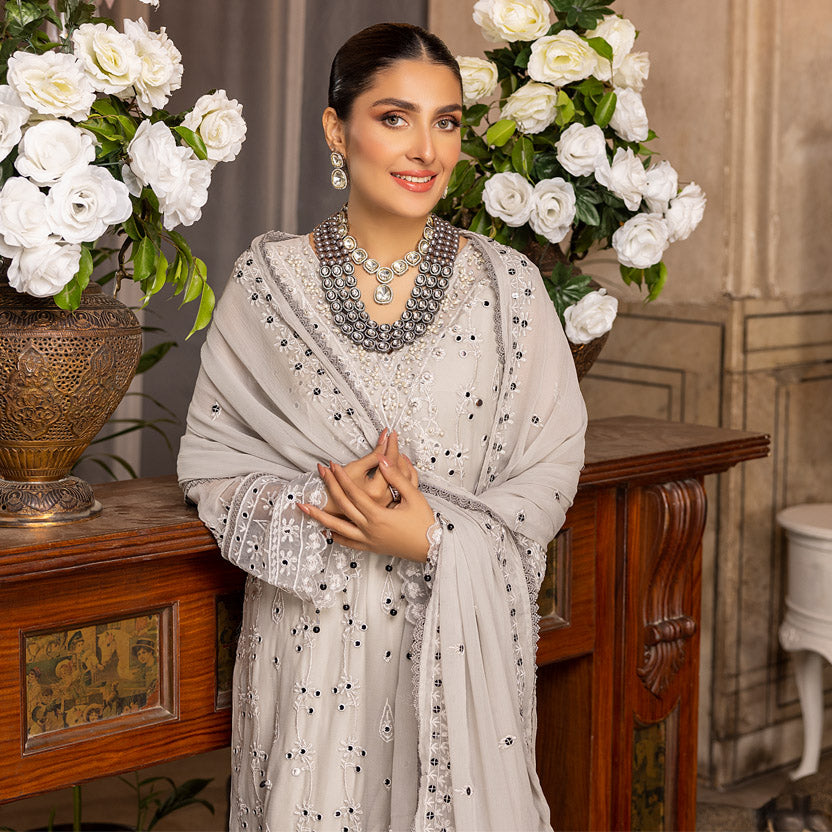Buy Merakish Embroidered Chiffon 3 Piece Suit Cloud Gray. choose good quality brands like Maria b zainab Chottani, Hussain Rehar etc... Various Pakistani branded dresses summer fabric, elegant design, perfect for casual & formal wear also shop eid collections from khaslibaas .delivery available in UK, USA, Canada, UAE, Dubai and other countries... 