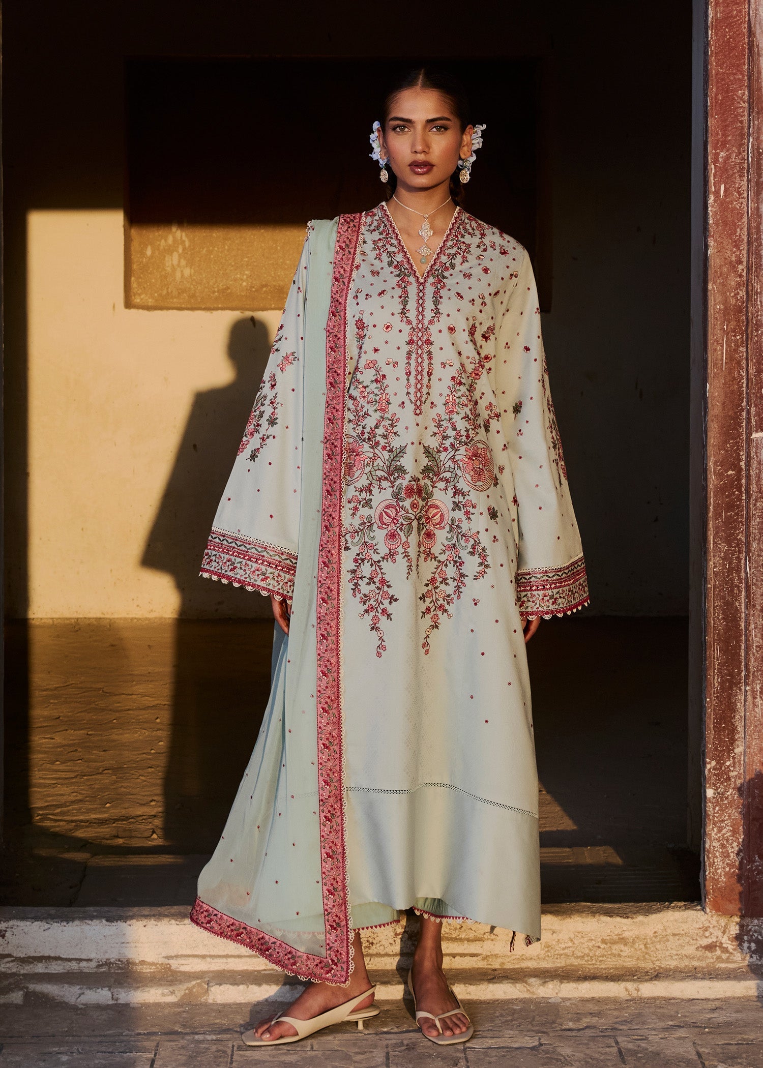 Buy from khaslibaas | Hussain Rehar Zan ss26 | 3 piece unstitched embroidered lawn suit for women (Firuz).choose good quality brands like Maria b, Sobia Nazir zainab Chottani Various Pakistani branded dresses summer fabric, elegant design, perfect for casual & formal wear.delivery available in UK, USA, Canada, UAE, Dubai and other countries... 