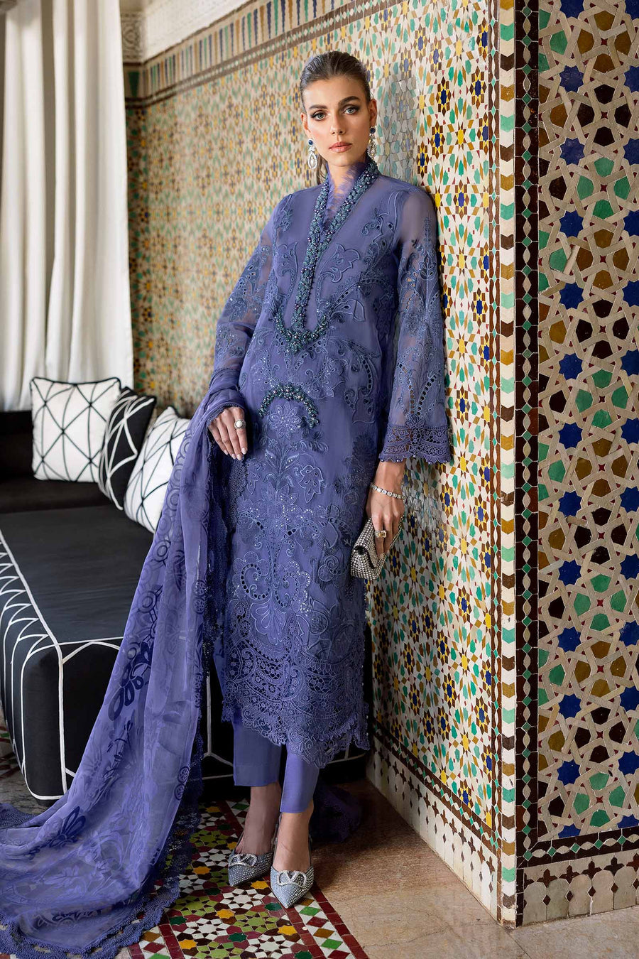 Buy from khaslibaas mariab | Voyage a’Luxe Luxury Lawn '25 - 3 piece unstitched embroidered lawn suit for women ( D-06B).choose good quality brands like Maria b Sobia Nazir Various Pakistani branded dresses summer fabric, elegant design, perfect for casual & formal wear.delivery available in UK, USA,Australia, Canada, UAE, Dubai and other countries... 