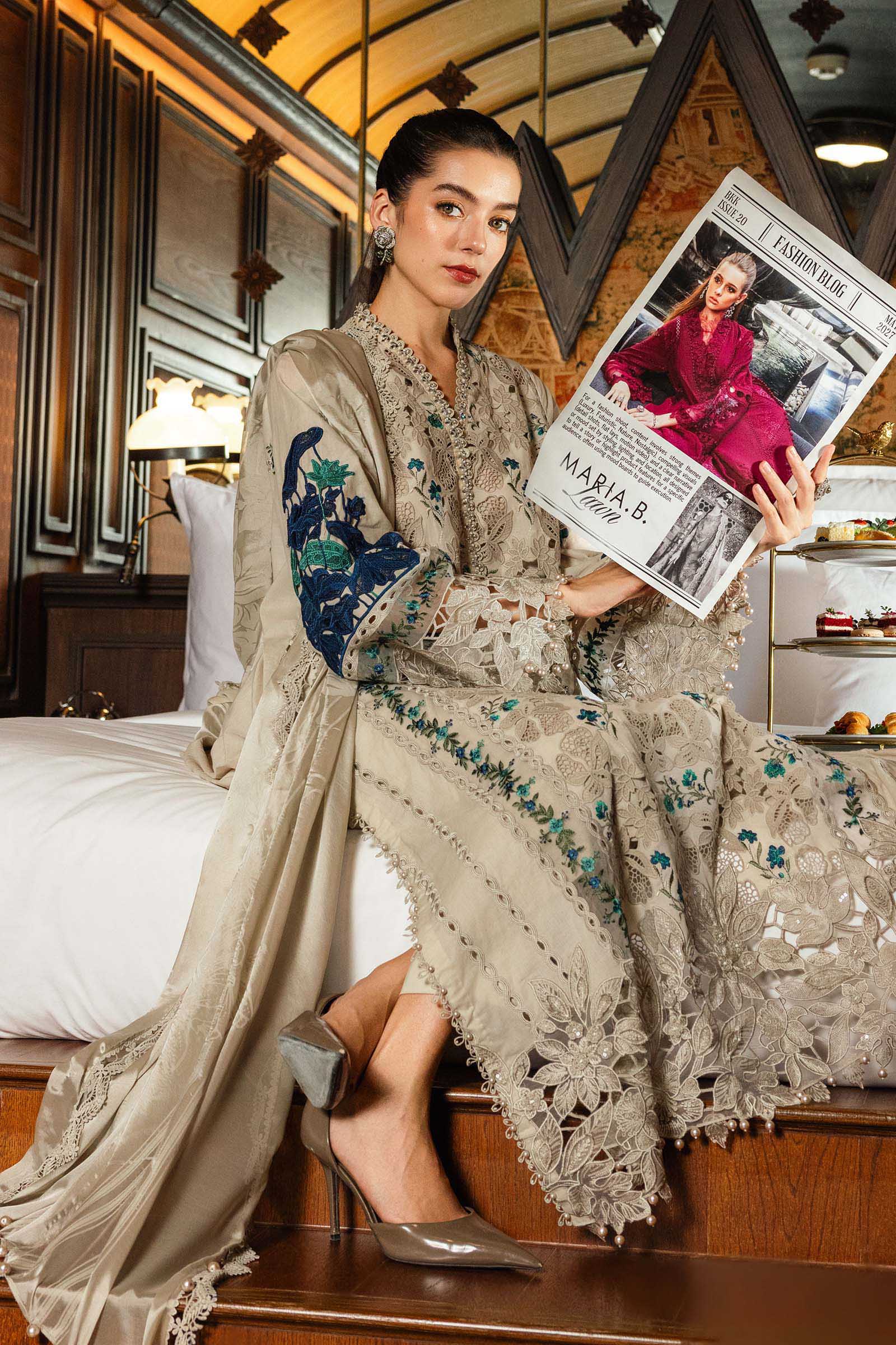 Buy from khaslibaas mariab Luxury lawn Eid II - 3 piece unstitched embroidered lawn suit for women ( D-08).choose good quality brands like Maria b Sobia Nazir Various Pakistani branded dresses summer fabric, elegant design, perfect for casual & formal wear.delivery available in UK, USA,Australia, Canada, UAE, Dubai and other countries... 