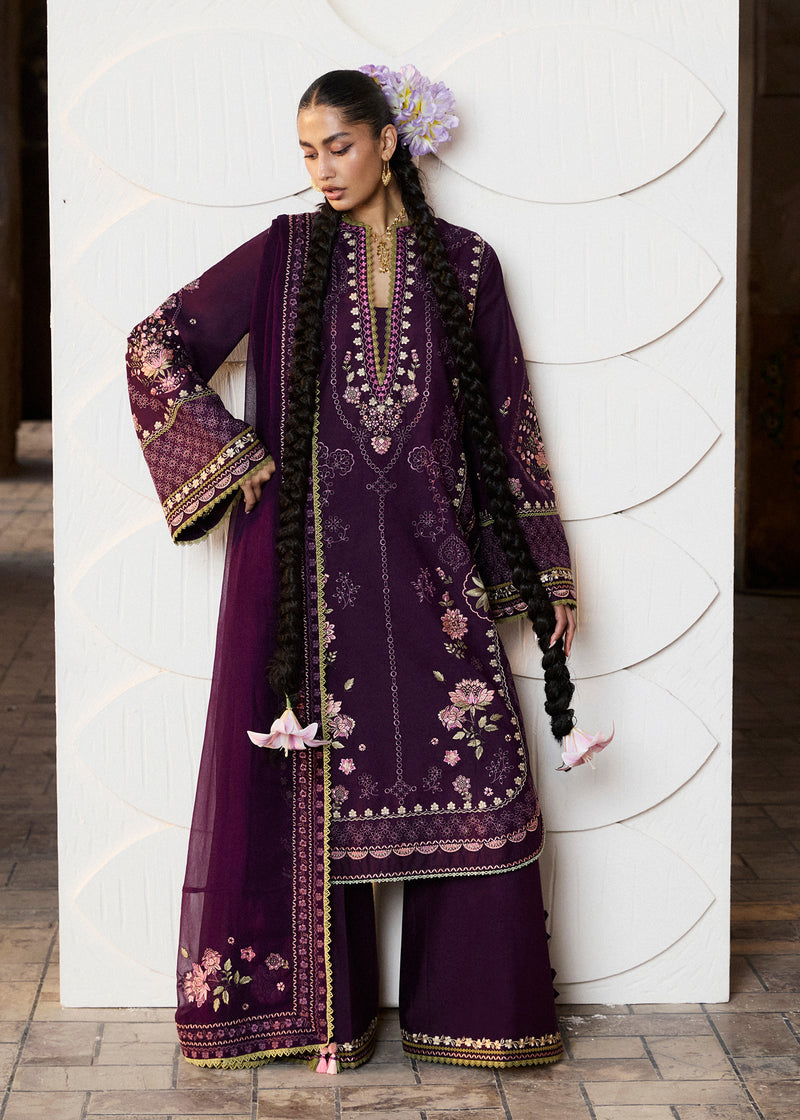 Buy from khaslibaas | Hussain Rehar Zan ss26 | 3 piece unstitched embroidered lawn suit for women (Banafsh).choose good quality brands like Maria b, Sobia Nazir zainab Chottani Various Pakistani branded dresses summer fabric, elegant design, perfect for casual & formal wear.delivery available in UK, USA, Canada, UAE, Dubai and other countries... 