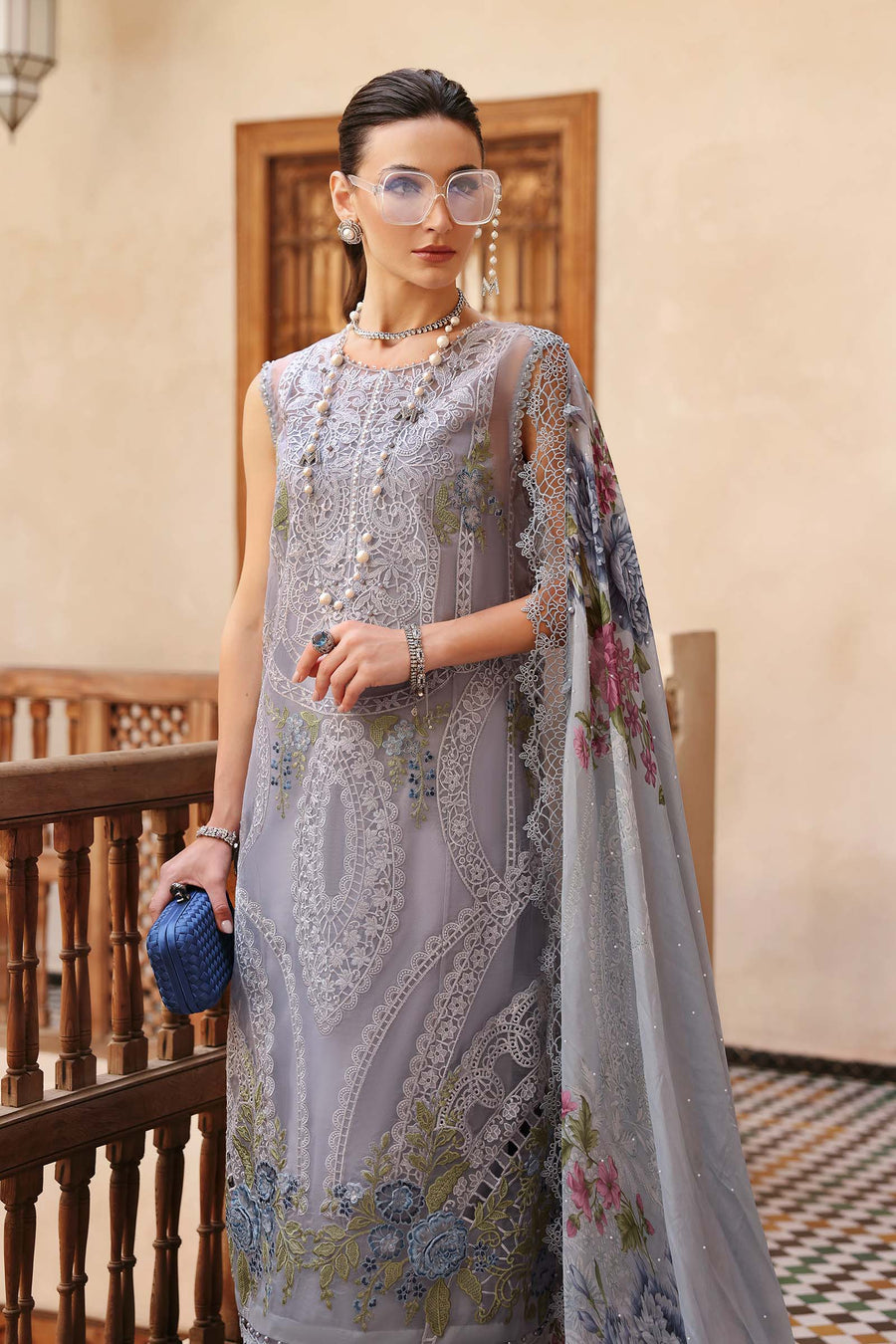 Buy from khaslibaas mariab | Voyage a’Luxe Luxury Lawn '25 - 3 piece unstitched embroidered lawn suit for women ( D-09B).choose good quality brands like Maria b Sobia Nazir Various Pakistani branded dresses summer fabric, elegant design, perfect for casual & formal wear.delivery available in UK, USA,Australia, Canada, UAE, Dubai and other countries... 