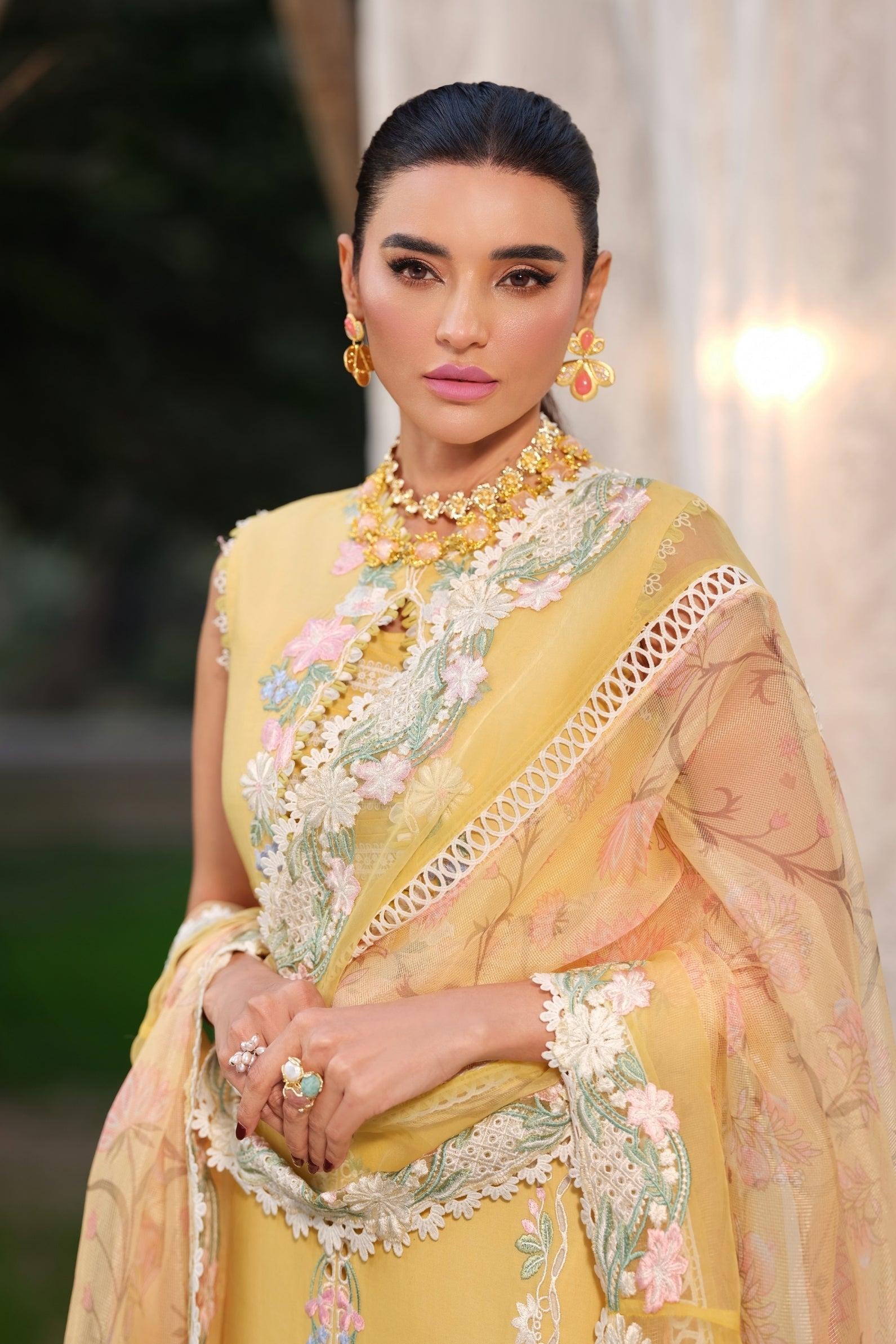 Buy from khaslibaas | Maryam Hussain Luxury Lawn '26 | 3 piece unstitched embroidered lawn suit for women (Sunflower).choose good quality brands like Maria b, Sobia Nazir zainab Chottani Various Pakistani branded dresses summer fabric, elegant design, perfect for casual & formal wear.delivery available in UK, USA, Canada, UAE, Dubai and other countries... 
