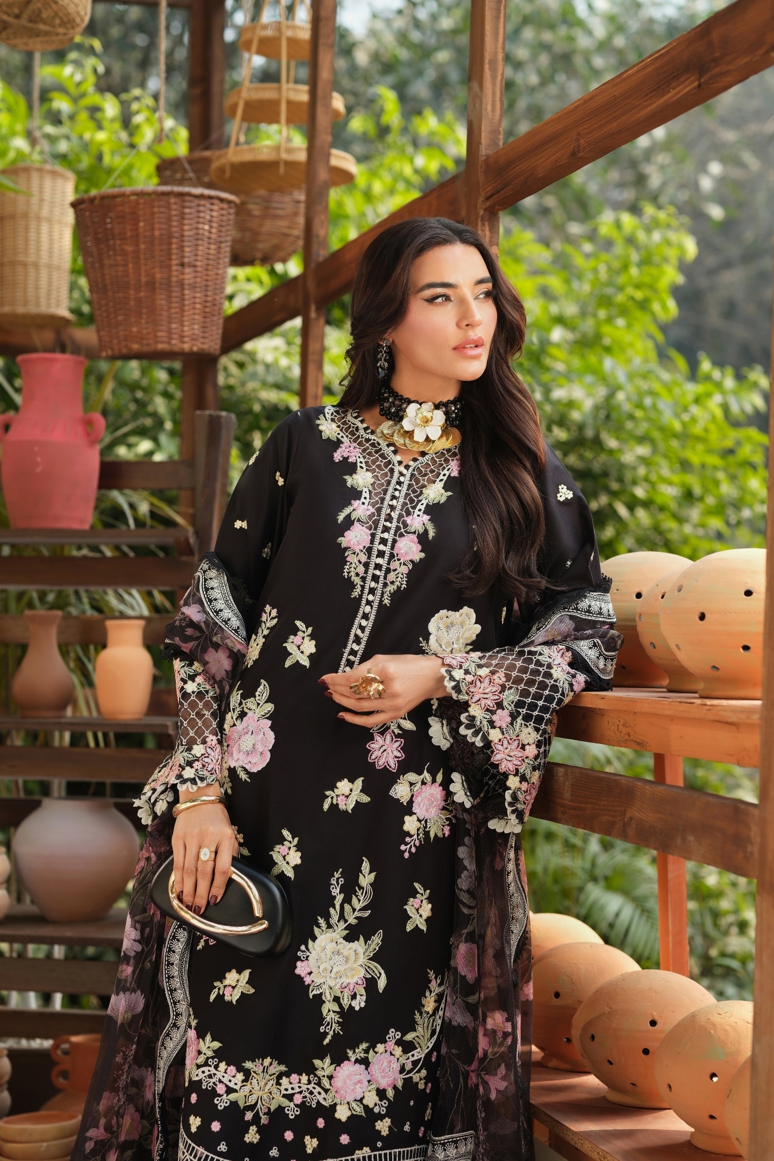 Buy from khaslibaas | Maryam Hussain Luxury Lawn '26 | 3 piece unstitched embroidered lawn suit for women (Noir).choose good quality brands like Maria b, Sobia Nazir zainab Chottani Various Pakistani branded dresses summer fabric, elegant design, perfect for casual & formal wear.delivery available in UK, USA, Canada, UAE, Dubai and other countries... 