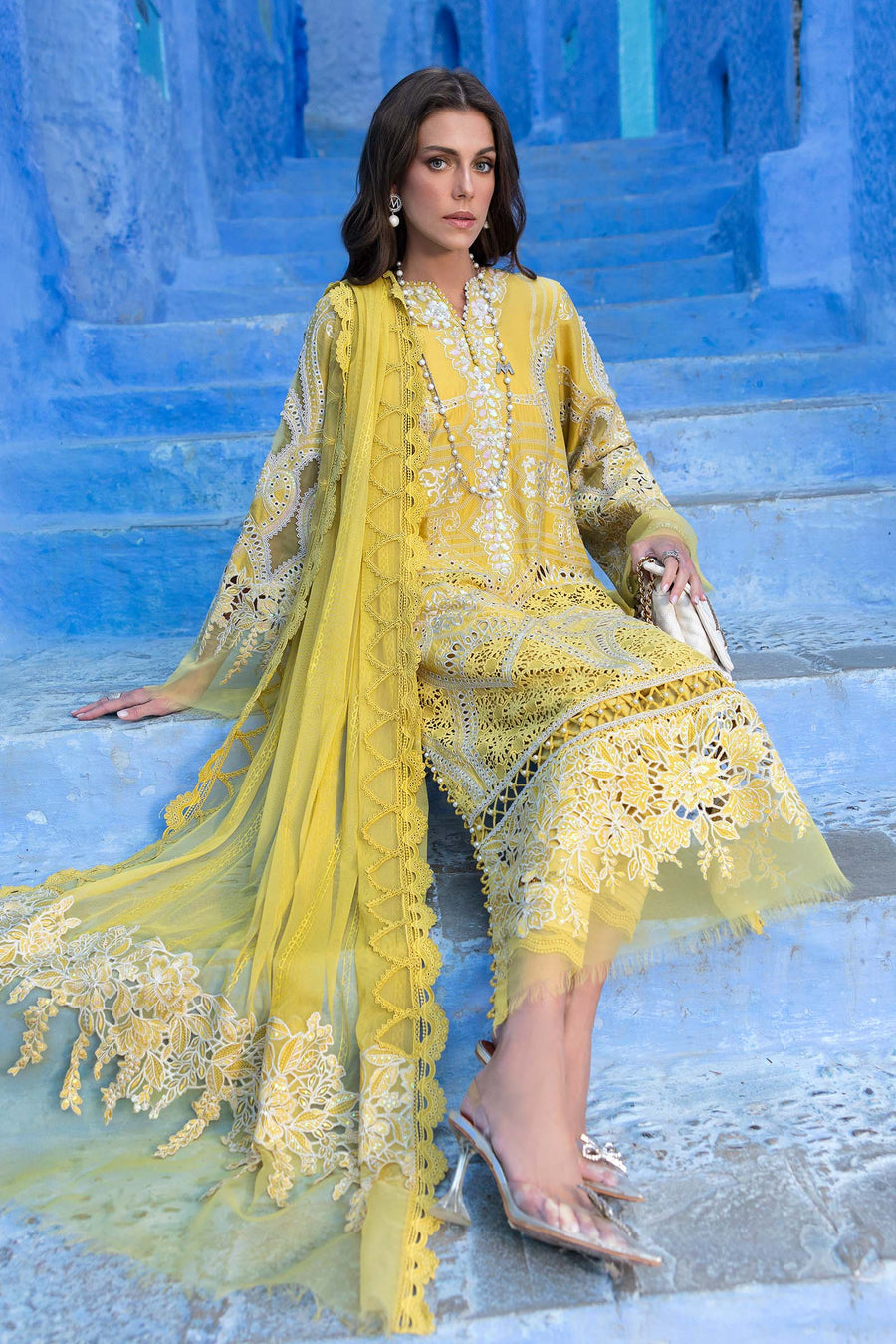 Buy from khaslibaas mariab | Voyage a’Luxe Luxury Lawn '25 - 3 piece unstitched embroidered lawn suit for women ( D-12A).choose good quality brands like Maria b Sobia Nazir Various Pakistani branded dresses summer fabric, elegant design, perfect for casual & formal wear.delivery available in UK, USA,Australia, Canada, UAE, Dubai and other countries... 