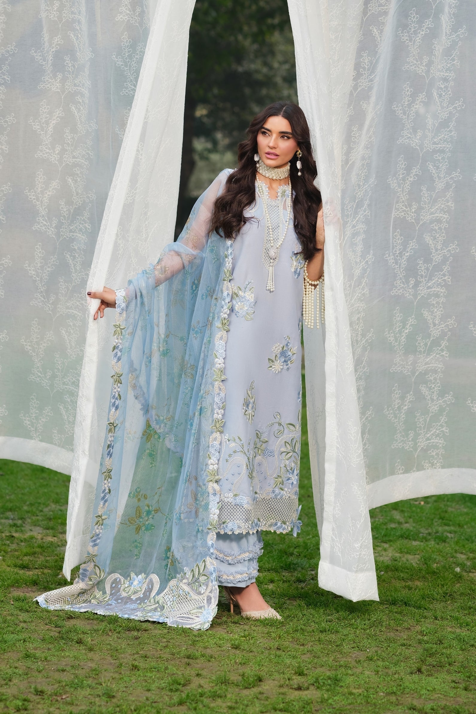 Buy from khaslibaas | Maryam Hussain Luxury Lawn '26 | 3 piece unstitched embroidered lawn suit for women (Frost).choose good quality brands like Maria b, Sobia Nazir zainab Chottani Various Pakistani branded dresses summer fabric, elegant design, perfect for casual & formal wear.delivery available in UK, USA, Canada, UAE, Dubai and other countries... 