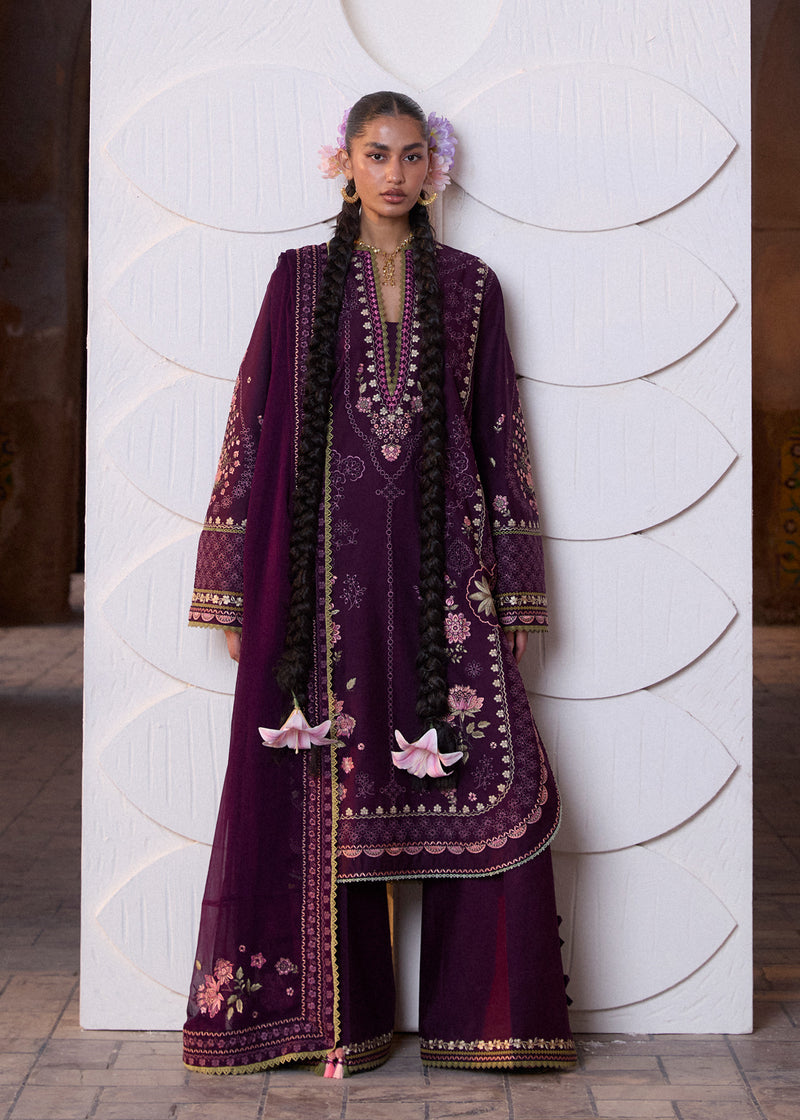 Buy from khaslibaas | Hussain Rehar Zan ss26 | 3 piece unstitched embroidered lawn suit for women (Banafsh).choose good quality brands like Maria b, Sobia Nazir zainab Chottani Various Pakistani branded dresses summer fabric, elegant design, perfect for casual & formal wear.delivery available in UK, USA, Canada, UAE, Dubai and other countries... 