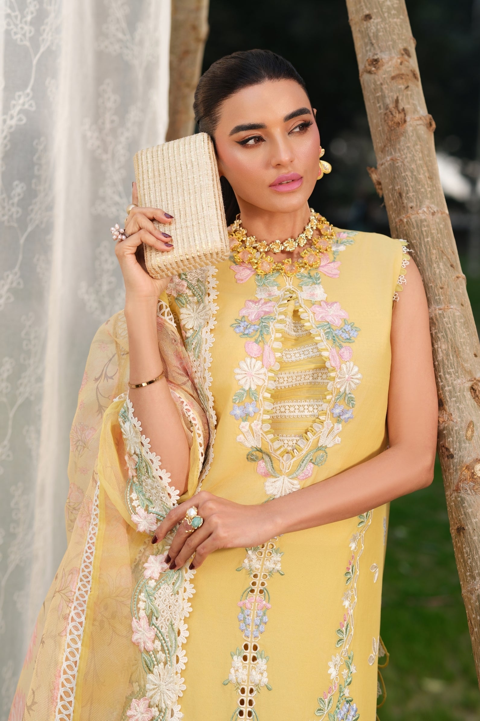 Buy from khaslibaas | Maryam Hussain Luxury Lawn '26 | 3 piece unstitched embroidered lawn suit for women (Sunflower).choose good quality brands like Maria b, Sobia Nazir zainab Chottani Various Pakistani branded dresses summer fabric, elegant design, perfect for casual & formal wear.delivery available in UK, USA, Canada, UAE, Dubai and other countries... 