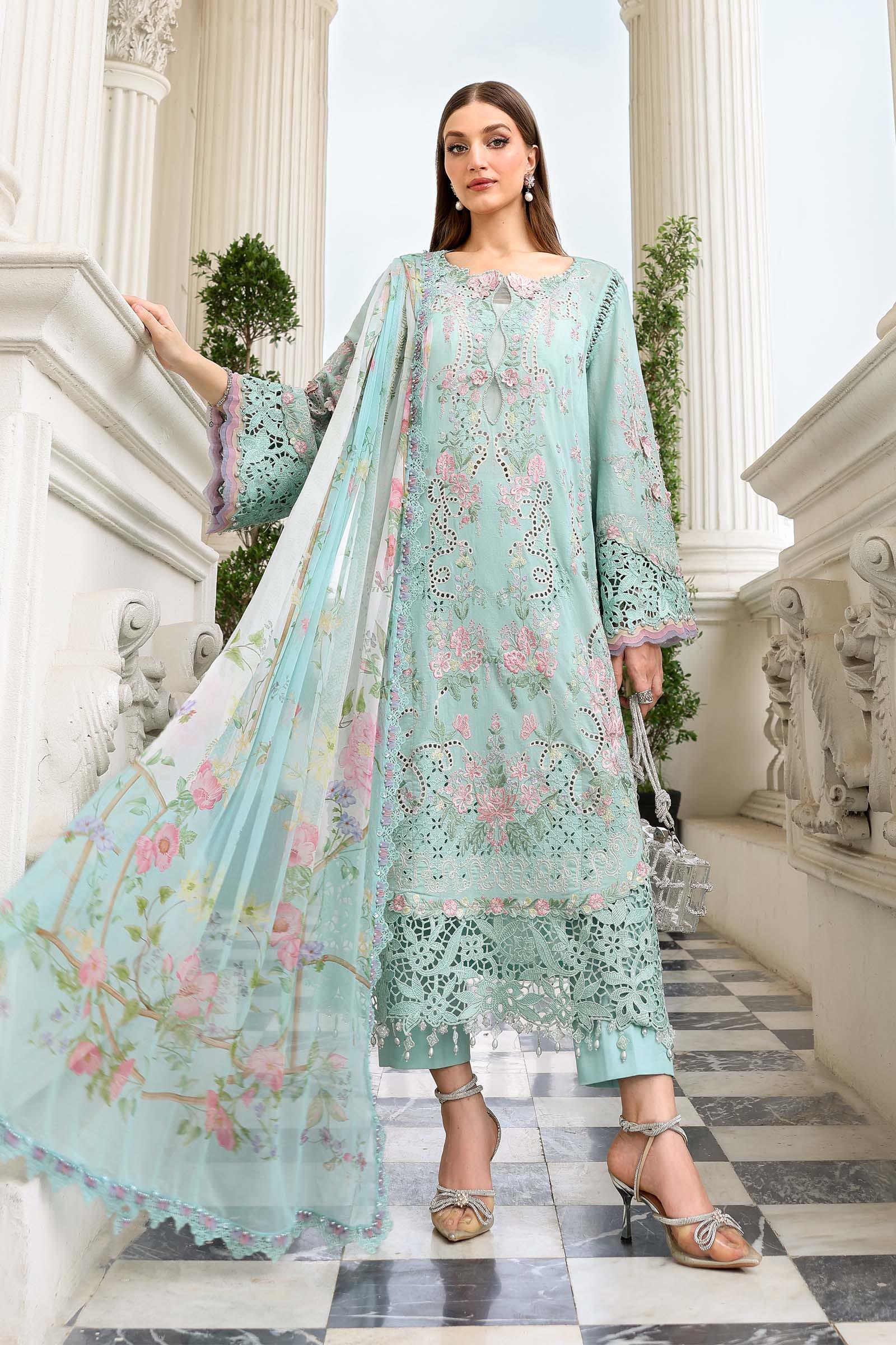 Buy from khaslibaas mariab Luxury lawn Eid II - 3 piece unstitched embroidered lawn suit for women ( D-15).choose good quality brands like Maria b Sobia Nazir Various Pakistani branded dresses summer fabric, elegant design, perfect for casual & formal wear.delivery available in UK, USA,Australia, Canada, UAE, Dubai and other countries... 