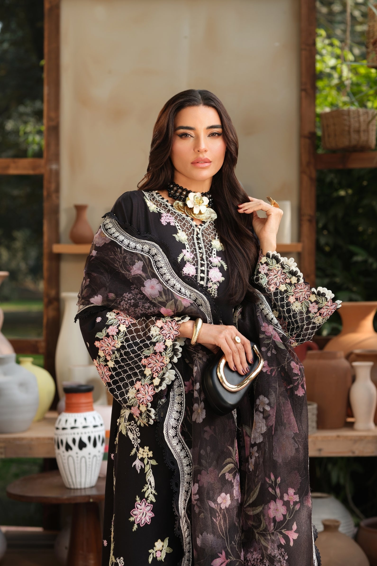 Buy from khaslibaas | Maryam Hussain Luxury Lawn '26 | 3 piece unstitched embroidered lawn suit for women (Noir).choose good quality brands like Maria b, Sobia Nazir zainab Chottani Various Pakistani branded dresses summer fabric, elegant design, perfect for casual & formal wear.delivery available in UK, USA, Canada, UAE, Dubai and other countries... 