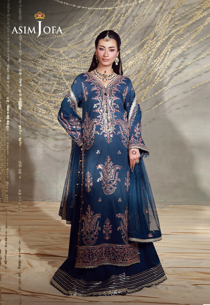 Buy asim jofa AJULFE-13 Embroidered Slub Lawn Suit 3 Pcs Unstitched | Women Summer Dress 2026.choose good quality brands like Maria b zainab Chottani, Hussain Rehar etc... Various Pakistani branded dresses summer fabric, elegant design, perfect for casual & formal wear also shop eid collections from khaslibaas .delivery available in UK, USA, Canada, UAE, Dubai and other countries... 