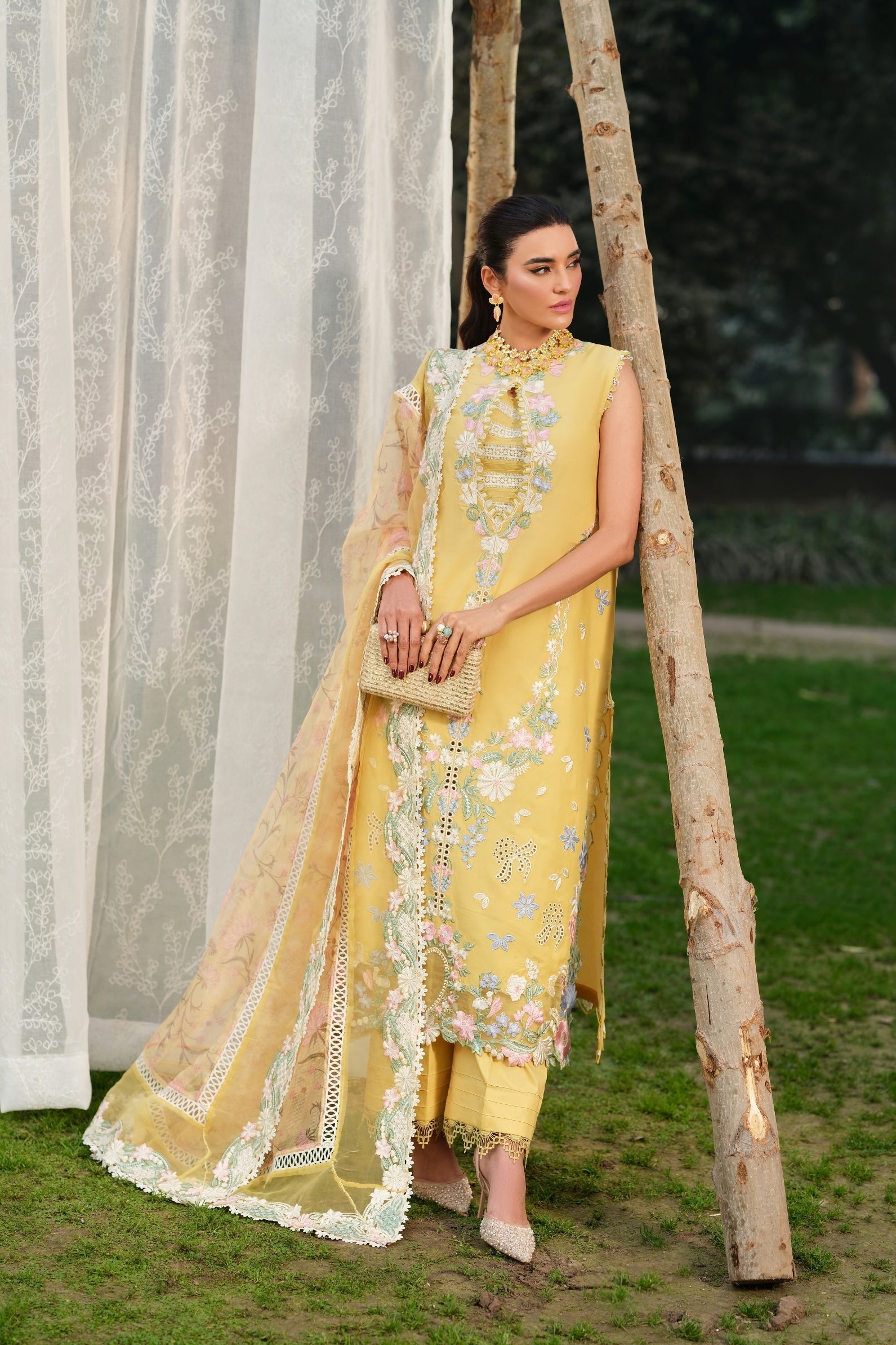 Buy from khaslibaas | Maryam Hussain Luxury Lawn '26 | 3 piece unstitched embroidered lawn suit for women (Sunflower).choose good quality brands like Maria b, Sobia Nazir zainab Chottani Various Pakistani branded dresses summer fabric, elegant design, perfect for casual & formal wear.delivery available in UK, USA, Canada, UAE, Dubai and other countries... 