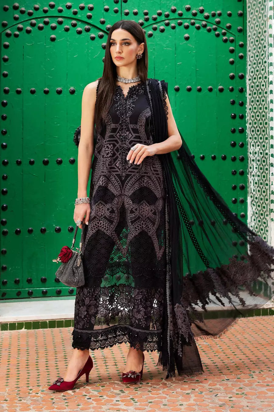 Buy from khaslibaas mariab | Voyage a’Luxe Luxury Lawn '25 - 3 piece unstitched embroidered lawn suit for women ( D-12B).choose good quality brands like Maria b Sobia Nazir Various Pakistani branded dresses summer fabric, elegant design, perfect for casual & formal wear.delivery available in UK, USA,Australia, Canada, UAE, Dubai and other countries... 
