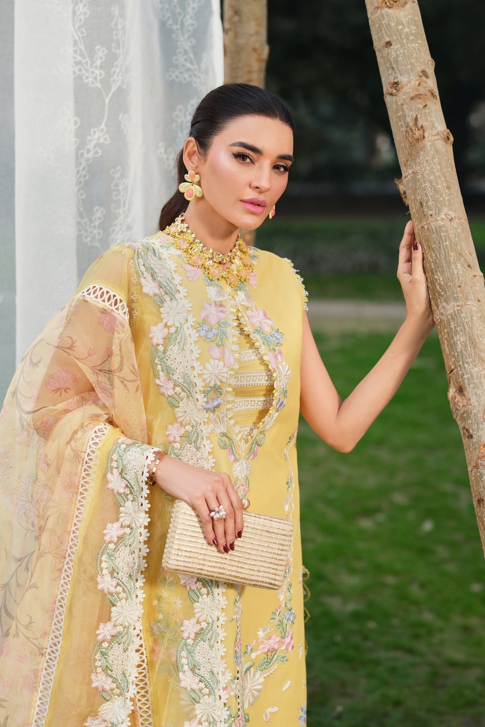 Buy from khaslibaas | Maryam Hussain Luxury Lawn '26 | 3 piece unstitched embroidered lawn suit for women (Sunflower).choose good quality brands like Maria b, Sobia Nazir zainab Chottani Various Pakistani branded dresses summer fabric, elegant design, perfect for casual & formal wear.delivery available in UK, USA, Canada, UAE, Dubai and other countries... 