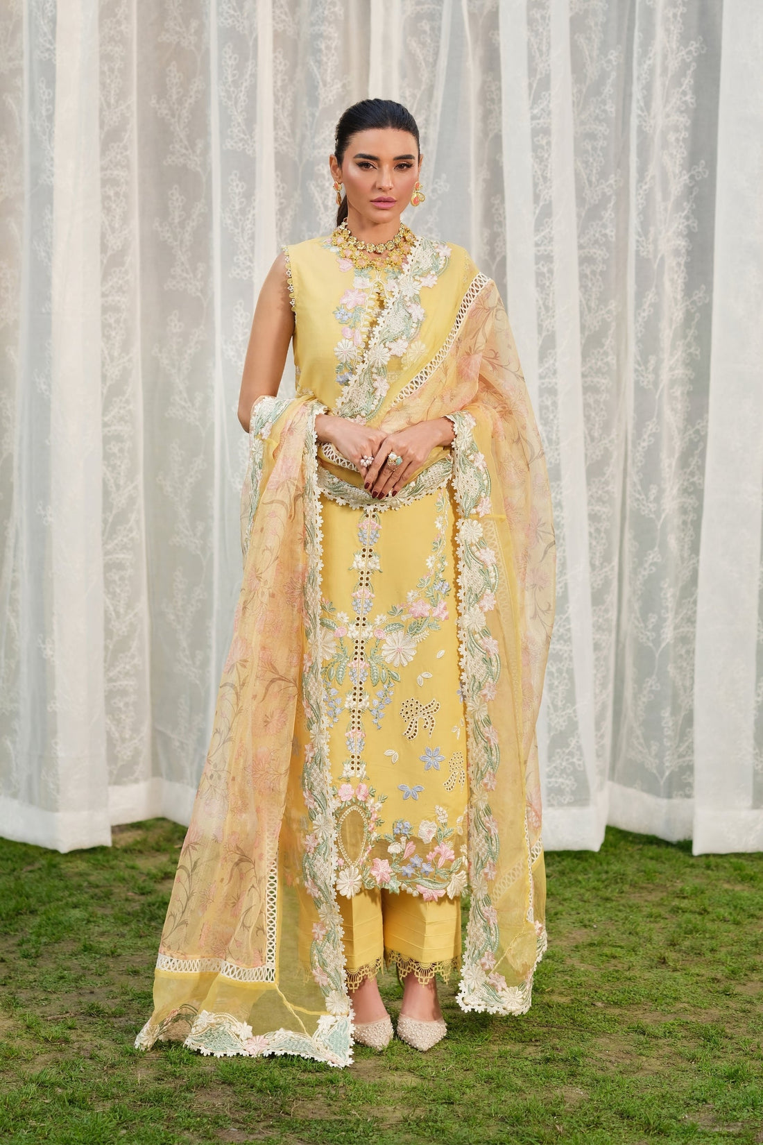 Buy from khaslibaas | Maryam Hussain Luxury Lawn '26 | 3 piece unstitched embroidered lawn suit for women (Sunflower).choose good quality brands like Maria b, Sobia Nazir zainab Chottani Various Pakistani branded dresses summer fabric, elegant design, perfect for casual & formal wear.delivery available in UK, USA, Canada, UAE, Dubai and other countries... 