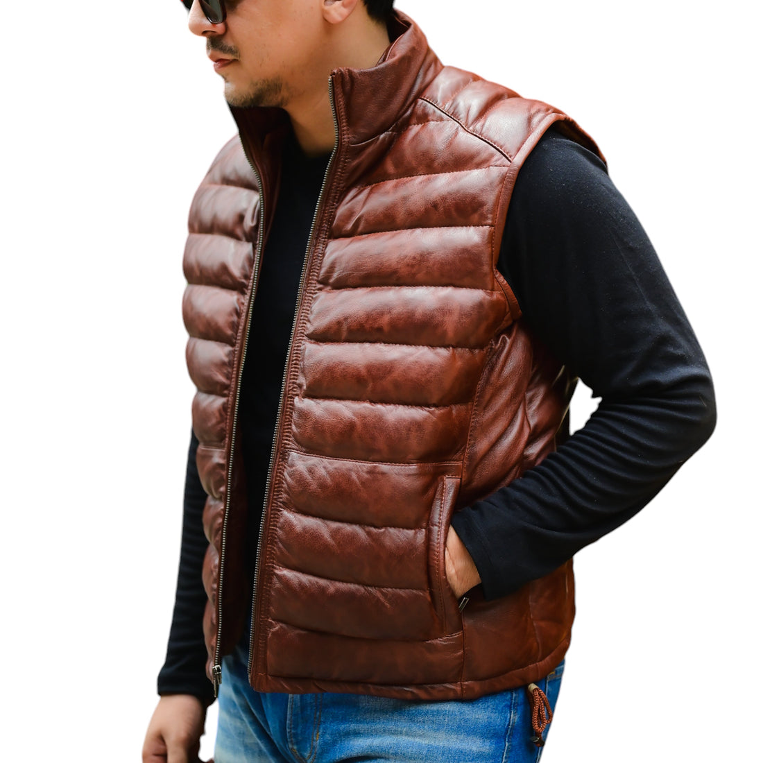 Men’s genuine leather puffer jacket with detachable hood and quilted insulated design buy from khaslibaas with free worldwide delivery to the USA UAE Australia Canada and other countries 