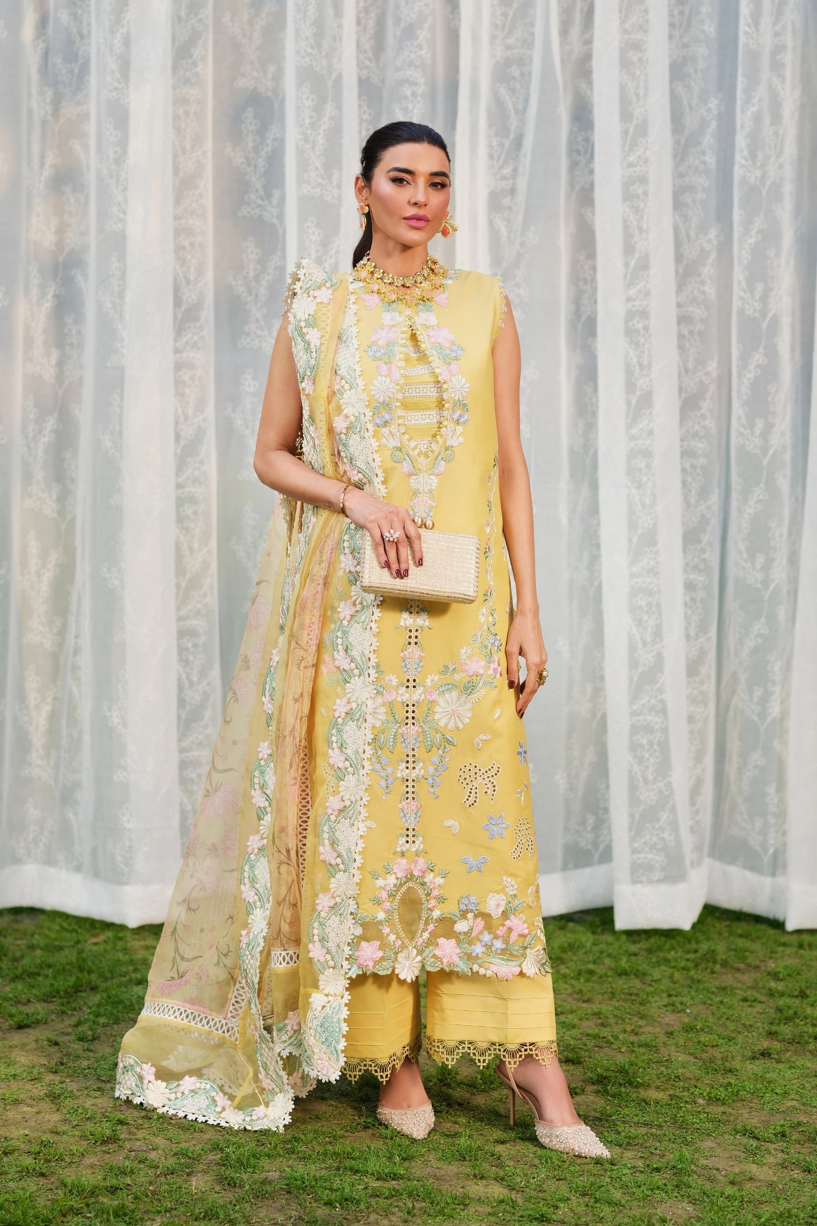 Buy from khaslibaas | Maryam Hussain Luxury Lawn '26 | 3 piece unstitched embroidered lawn suit for women (Sunflower).choose good quality brands like Maria b, Sobia Nazir zainab Chottani Various Pakistani branded dresses summer fabric, elegant design, perfect for casual & formal wear.delivery available in UK, USA, Canada, UAE, Dubai and other countries... 
