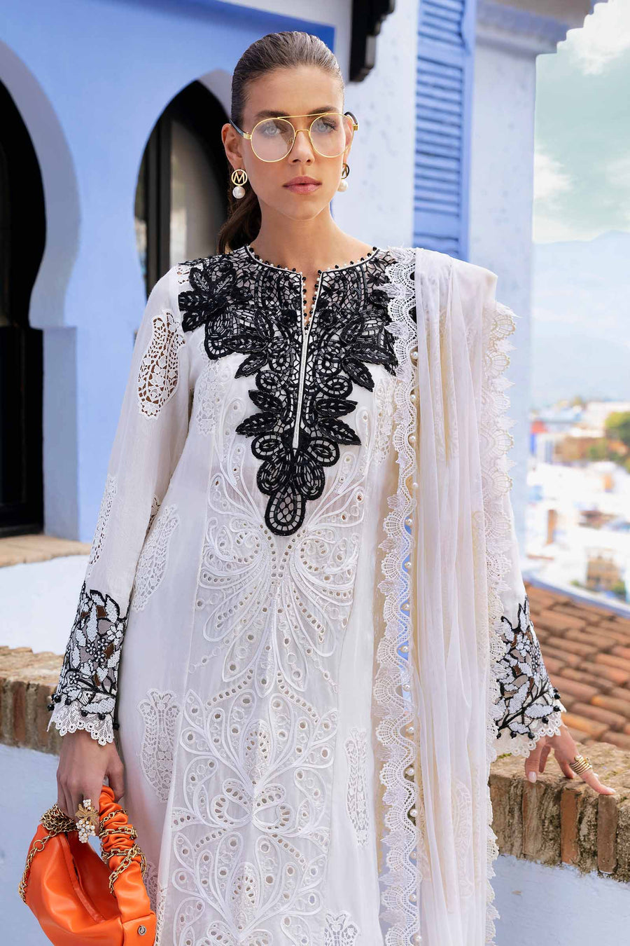 Buy from khaslibaas mariab | Voyage a’Luxe Luxury Lawn '25 - 3 piece unstitched embroidered lawn suit for women ( D-05A).choose good quality brands like Maria b Sobia Nazir Various Pakistani branded dresses summer fabric, elegant design, perfect for casual & formal wear.delivery available in UK, USA,Australia, Canada, UAE, Dubai and other countries... 