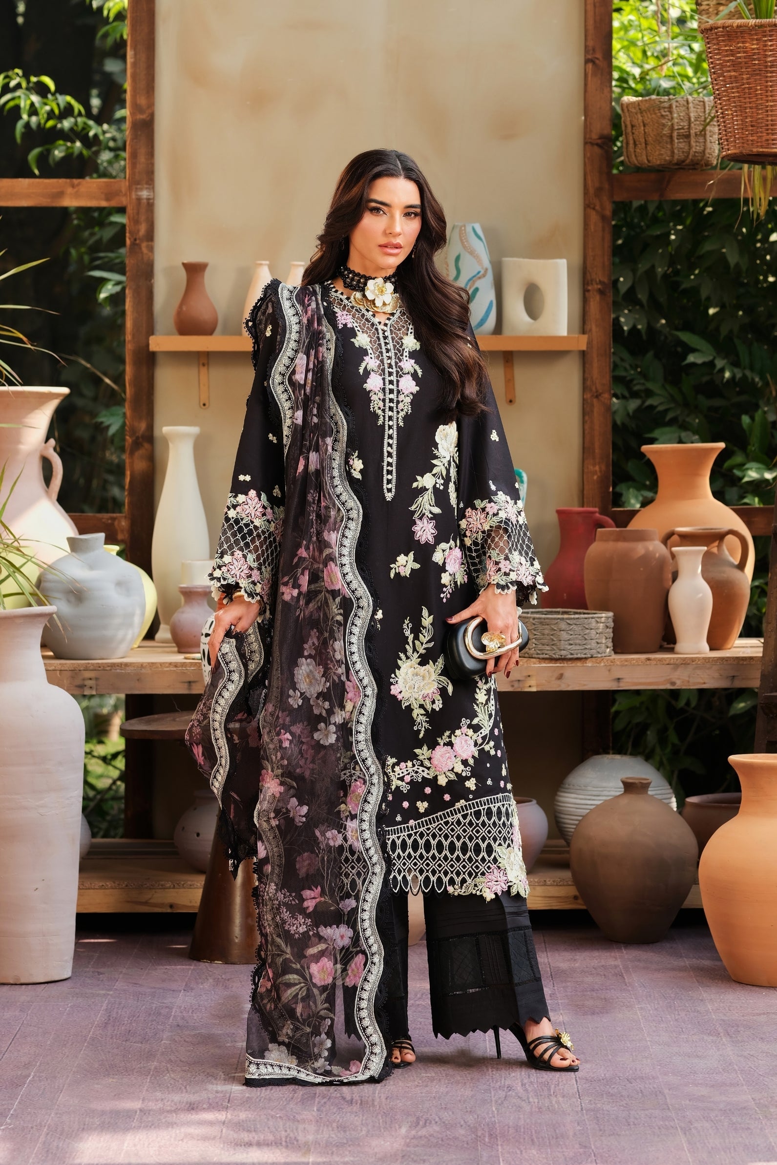 Buy from khaslibaas | Maryam Hussain Luxury Lawn '26 | 3 piece unstitched embroidered lawn suit for women (Noir).choose good quality brands like Maria b, Sobia Nazir zainab Chottani Various Pakistani branded dresses summer fabric, elegant design, perfect for casual & formal wear.delivery available in UK, USA, Canada, UAE, Dubai and other countries... 
