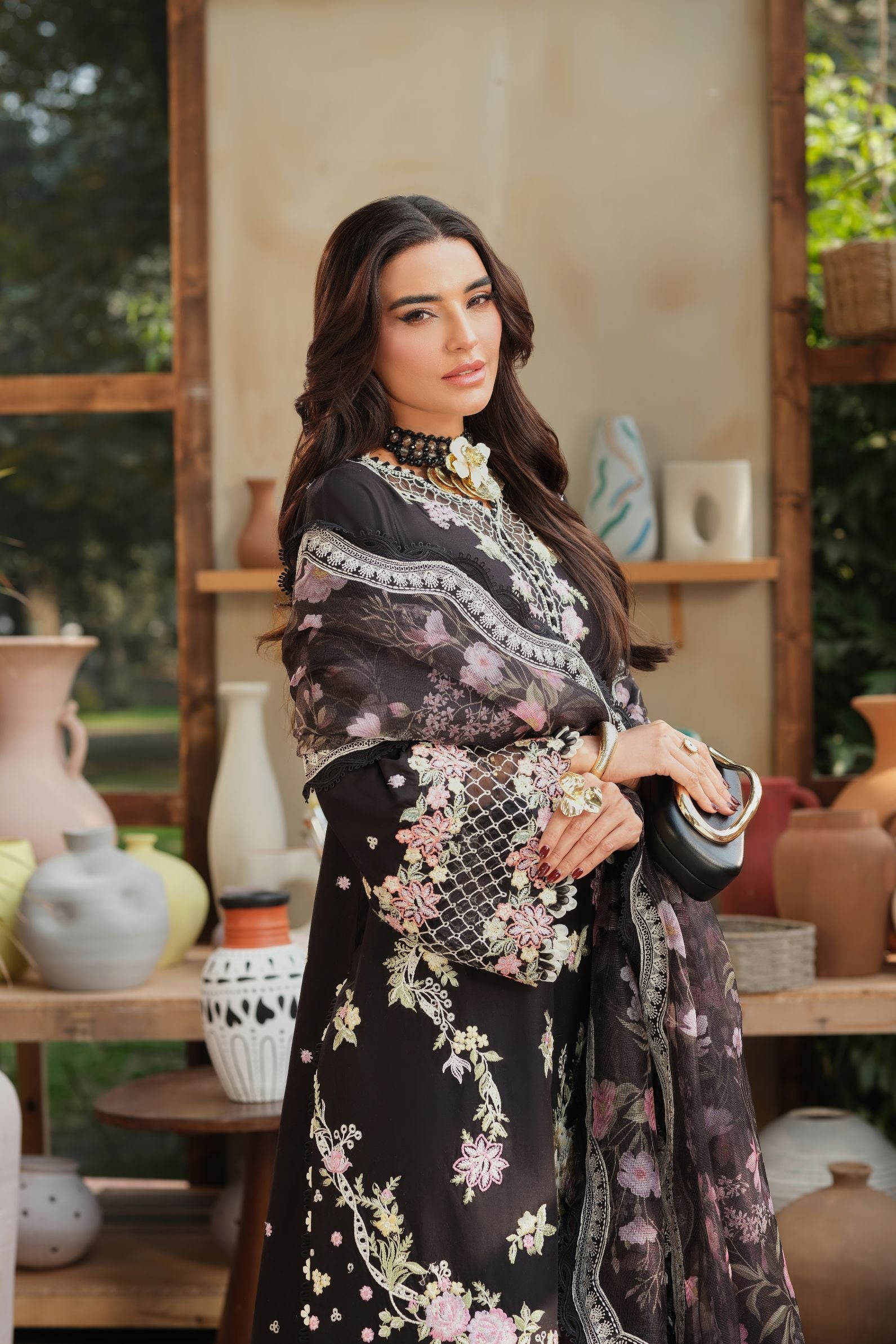 Buy from khaslibaas | Maryam Hussain Luxury Lawn '26 | 3 piece unstitched embroidered lawn suit for women (Noir).choose good quality brands like Maria b, Sobia Nazir zainab Chottani Various Pakistani branded dresses summer fabric, elegant design, perfect for casual & formal wear.delivery available in UK, USA, Canada, UAE, Dubai and other countries... 
