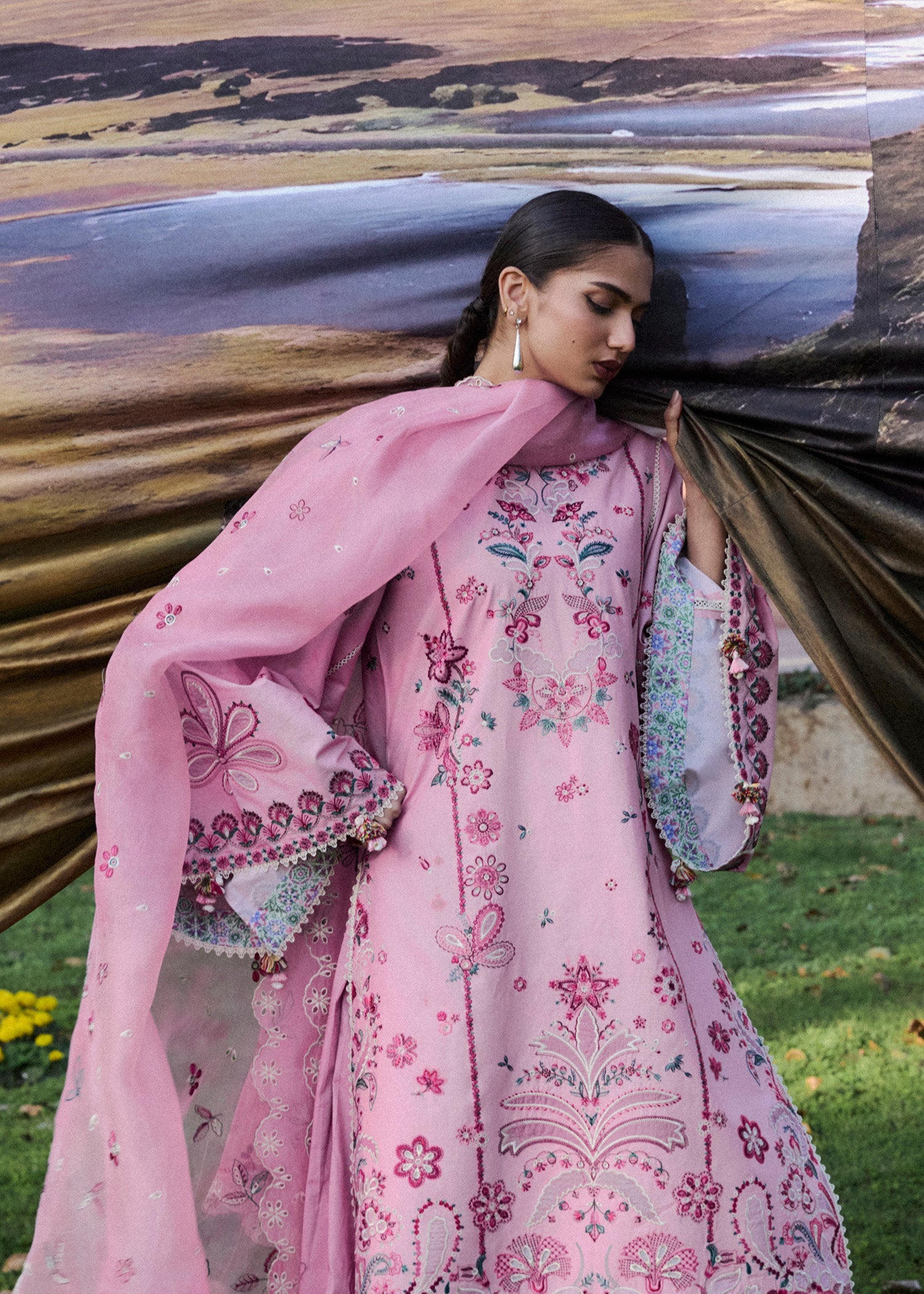 Buy from khaslibaas | Hussain Rehar Zan ss26 | 3 piece unstitched embroidered lawn suit for women (Elfa).choose good quality brands like Maria b, Sobia Nazir zainab Chottani Various Pakistani branded dresses summer fabric, elegant design, perfect for casual & formal wear.delivery available in UK, USA, Canada, UAE, Dubai and other countries... 