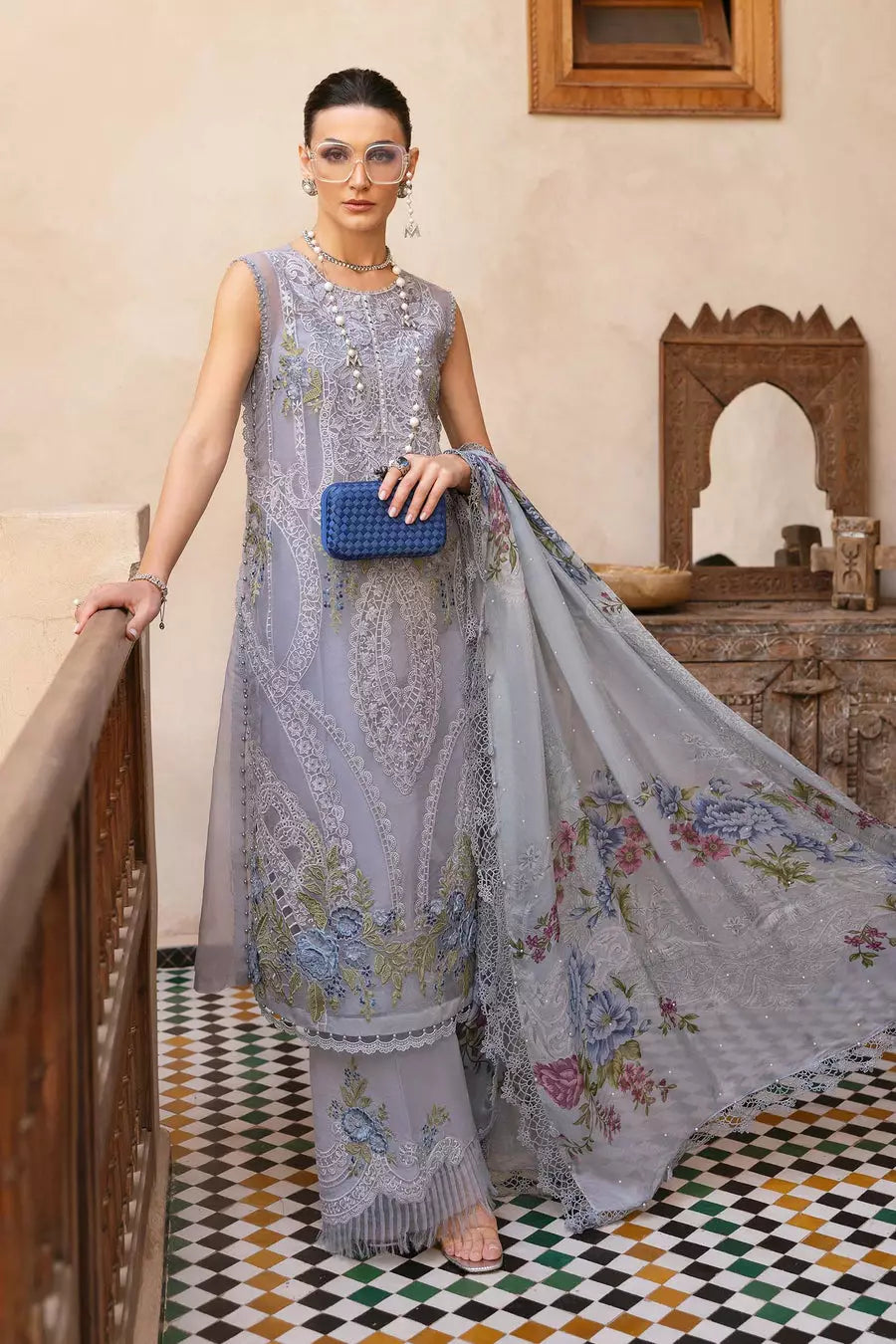 Buy from khaslibaas mariab | Voyage a’Luxe Luxury Lawn '25 - 3 piece unstitched embroidered lawn suit for women ( D-09B).choose good quality brands like Maria b Sobia Nazir Various Pakistani branded dresses summer fabric, elegant design, perfect for casual & formal wear.delivery available in UK, USA,Australia, Canada, UAE, Dubai and other countries... 