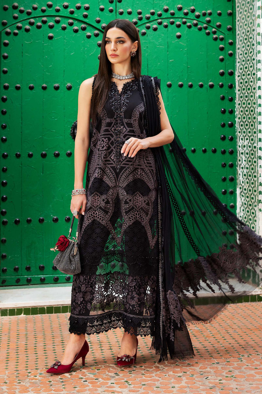 Buy from khaslibaas mariab | Voyage a’Luxe Luxury Lawn '25 - 3 piece unstitched embroidered lawn suit for women ( D-12B).choose good quality brands like Maria b Sobia Nazir Various Pakistani branded dresses summer fabric, elegant design, perfect for casual & formal wear.delivery available in UK, USA,Australia, Canada, UAE, Dubai and other countries... 