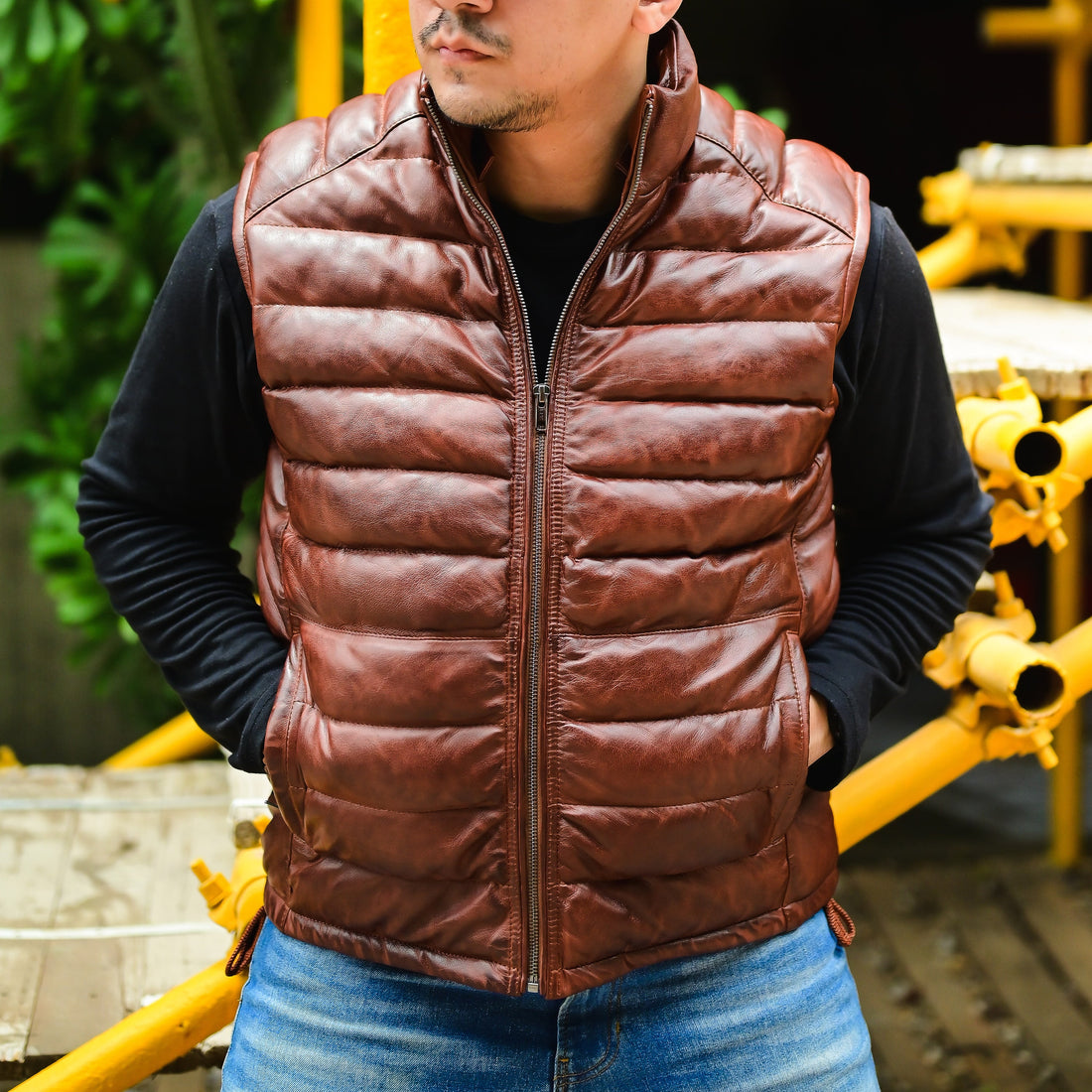 Men’s genuine leather puffer jacket with detachable hood and quilted insulated design buy from khaslibaas with free worldwide delivery to the USA UAE Australia Canada and other countries 
