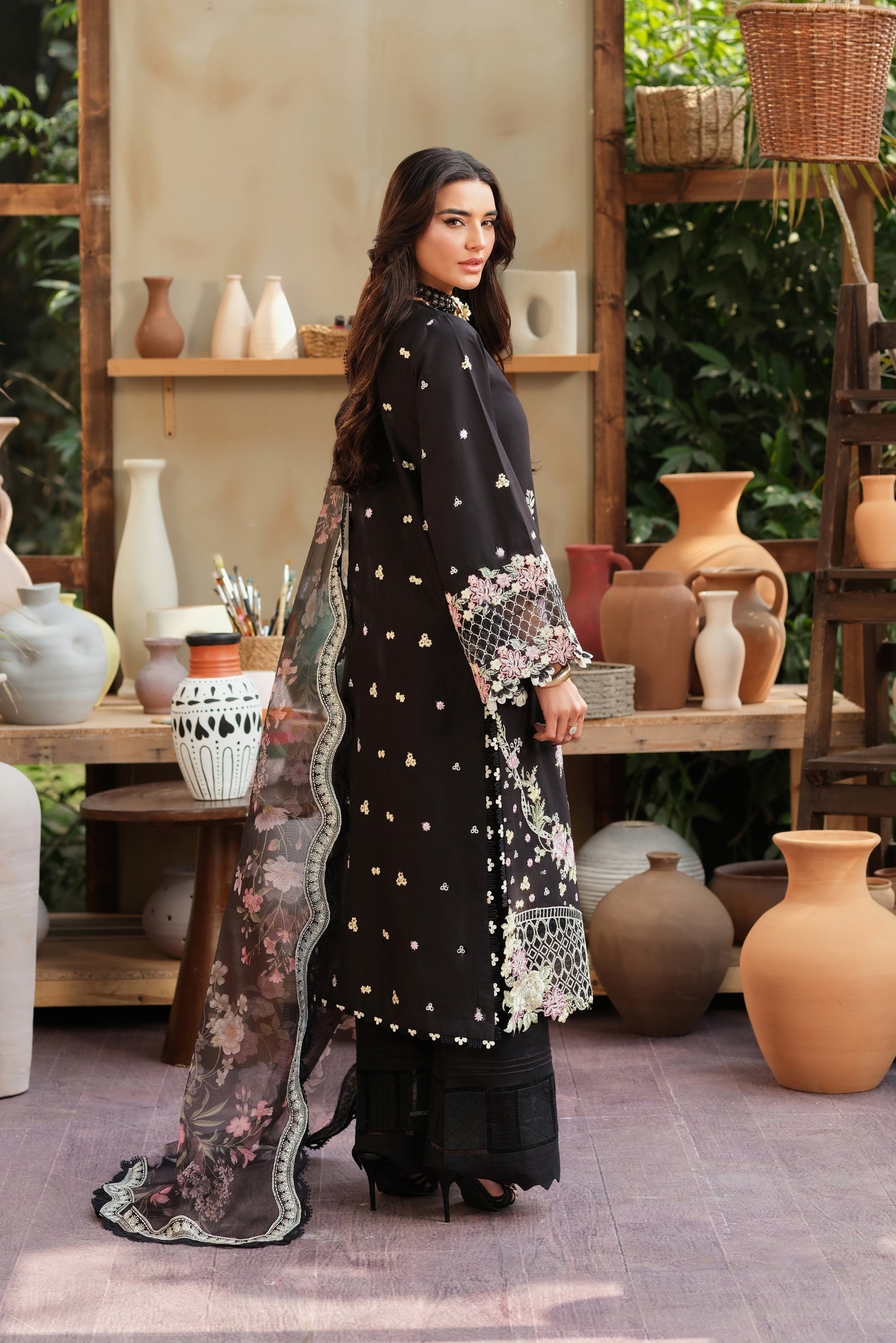 Buy from khaslibaas | Maryam Hussain Luxury Lawn '26 | 3 piece unstitched embroidered lawn suit for women (Noir).choose good quality brands like Maria b, Sobia Nazir zainab Chottani Various Pakistani branded dresses summer fabric, elegant design, perfect for casual & formal wear.delivery available in UK, USA, Canada, UAE, Dubai and other countries... 