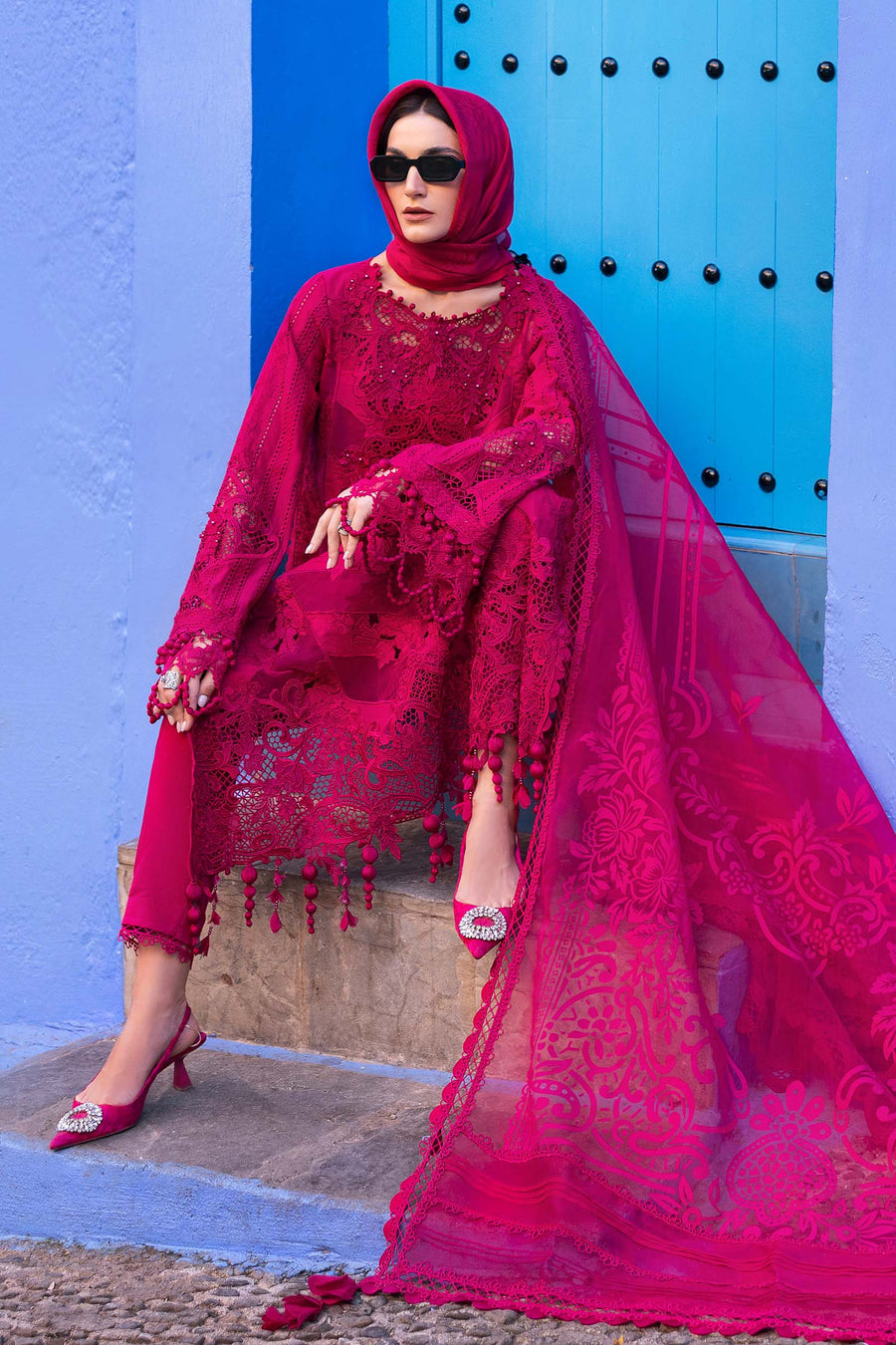 Buy from khaslibaas mariab | Voyage a’Luxe Luxury Lawn '25 - 3 piece unstitched embroidered lawn suit for women ( D-08A).choose good quality brands like Maria b Sobia Nazir Various Pakistani branded dresses summer fabric, elegant design, perfect for casual & formal wear.delivery available in UK, USA,Australia, Canada, UAE, Dubai and other countries... 
