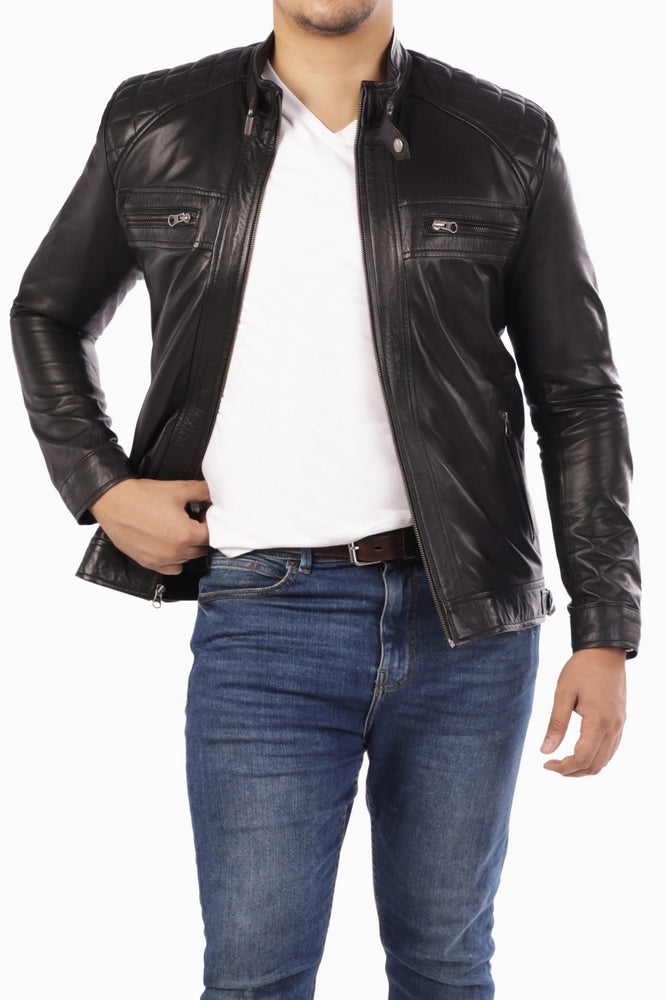 Men’s genuine lambskin leather jacket with quilted diamond pattern and four zip pockets