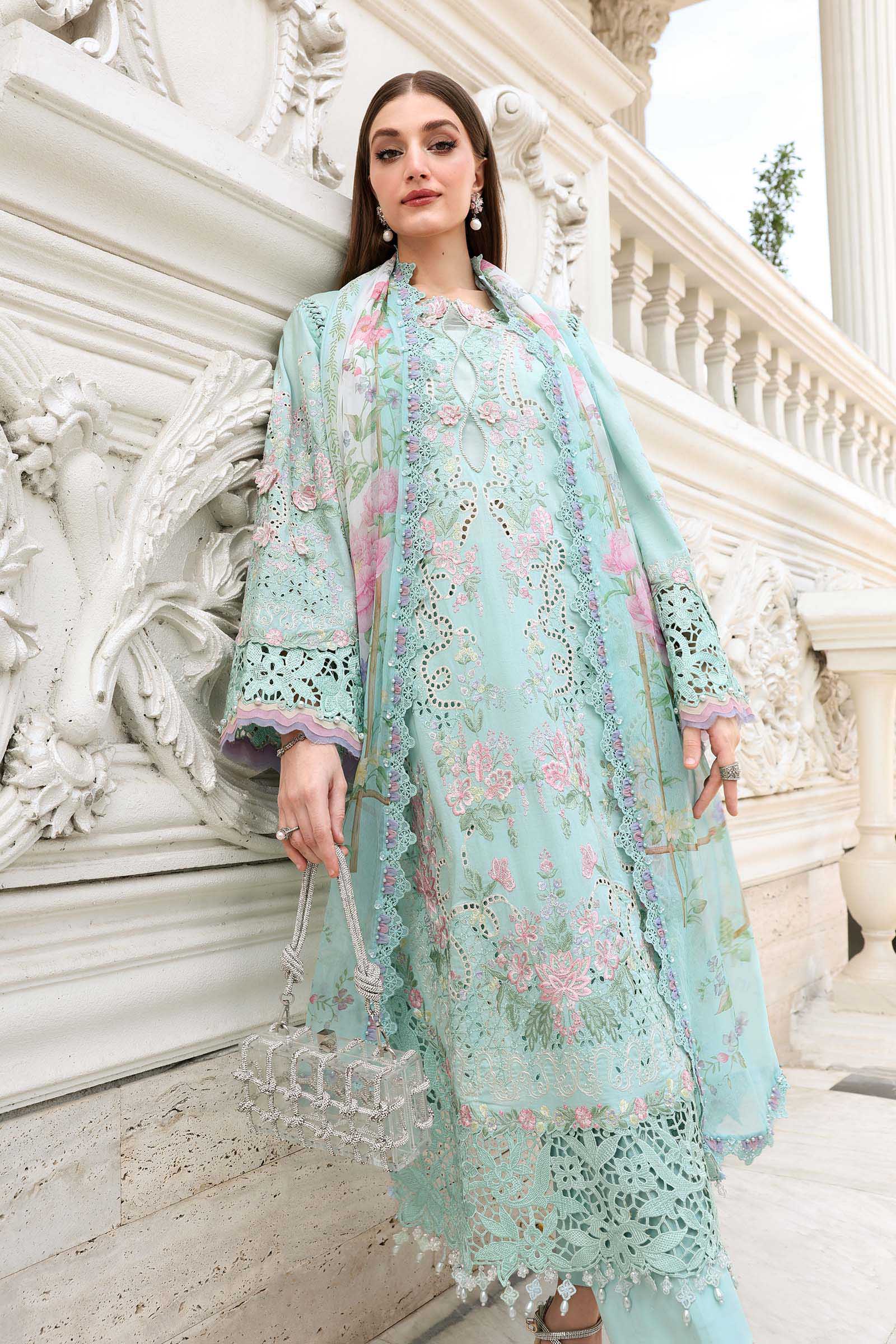 Buy from khaslibaas mariab Luxury lawn Eid II - 3 piece unstitched embroidered lawn suit for women ( D-15).choose good quality brands like Maria b Sobia Nazir Various Pakistani branded dresses summer fabric, elegant design, perfect for casual & formal wear.delivery available in UK, USA,Australia, Canada, UAE, Dubai and other countries... 
