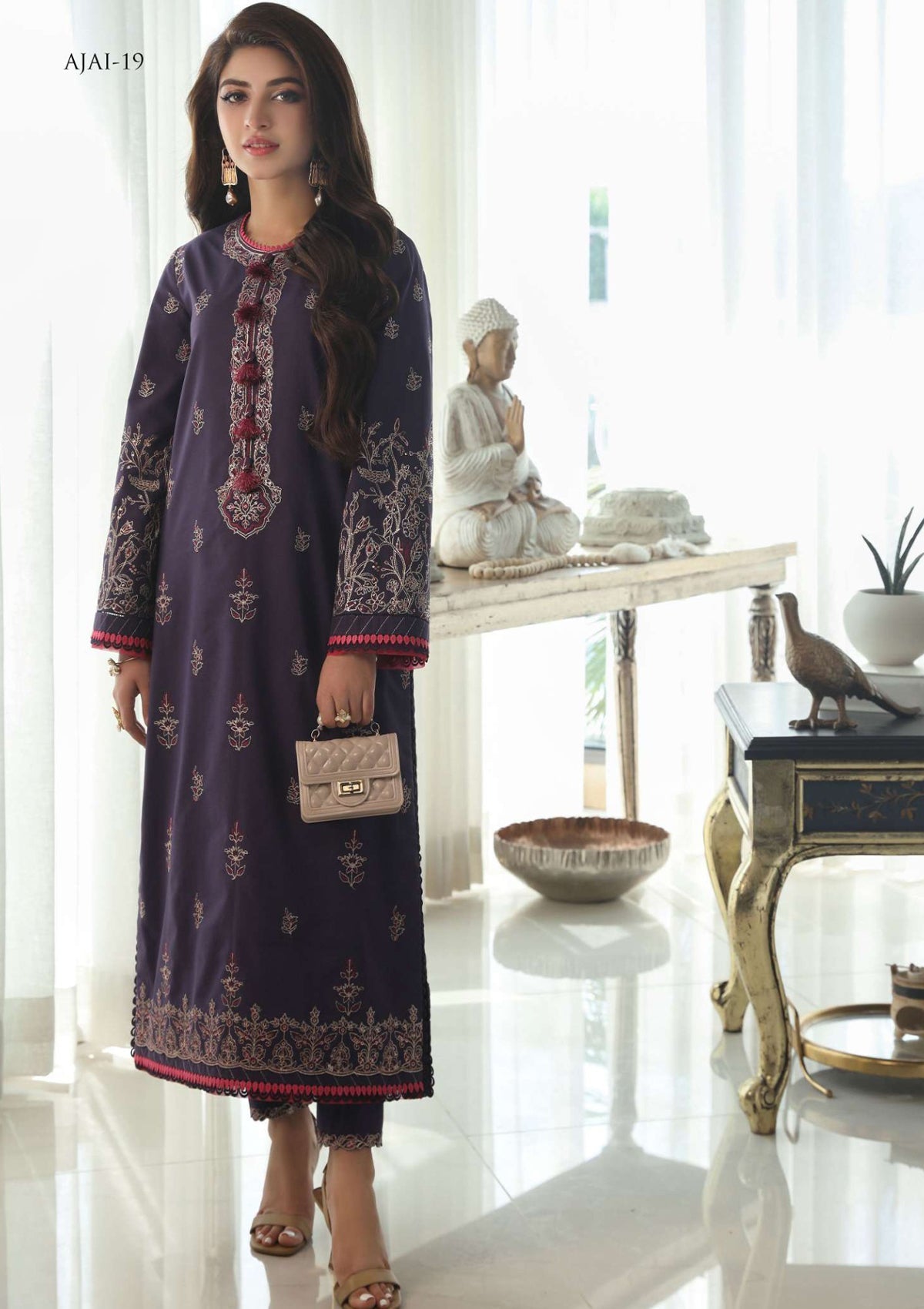 Buy Asim Jofa AJAI#19 Aira Lawn collection. choose good quality brands like Maria b zainab Chottani, Hussain Rehar etc... Various Pakistani branded dresses summer fabric, elegant design, perfect for casual & formal wear also shop eid collections from khaslibaas .delivery available in UK, USA, Canada, UAE, Dubai and other countries..
