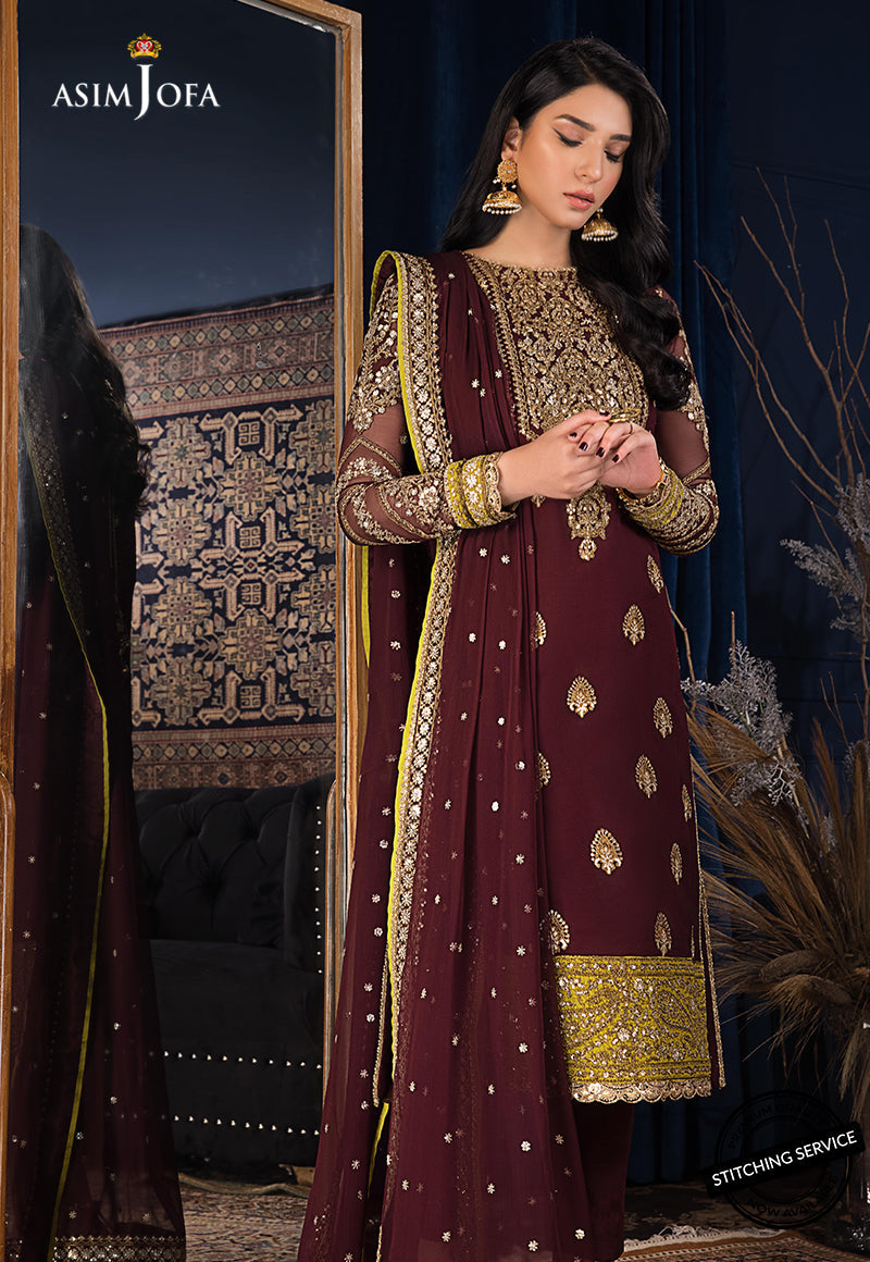 Buy Asim jofa AJRE-08 EMBROIDERED CHIFFON. choose good quality brands like Maria b zainab Chottani, Hussain Rehar etc... Various Pakistani branded dresses summer fabric, elegant design, perfect for casual & formal wear also shop eid collections from khaslibaas .delivery available in UK, USA, Canada, UAE, Dubai and other countries... 