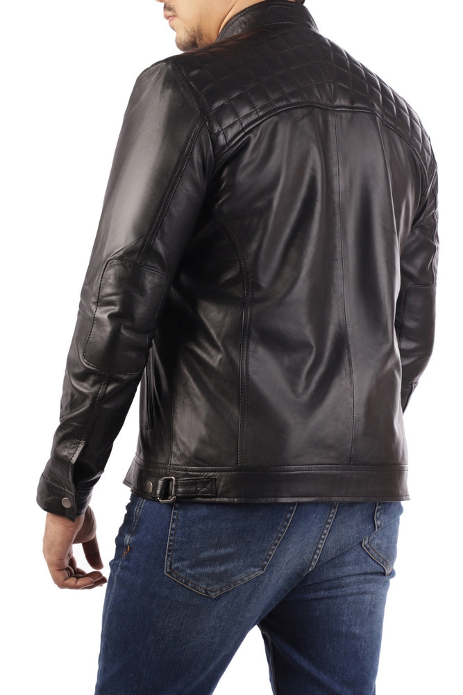 Men’s genuine lambskin leather jacket with quilted diamond pattern and four zip pockets