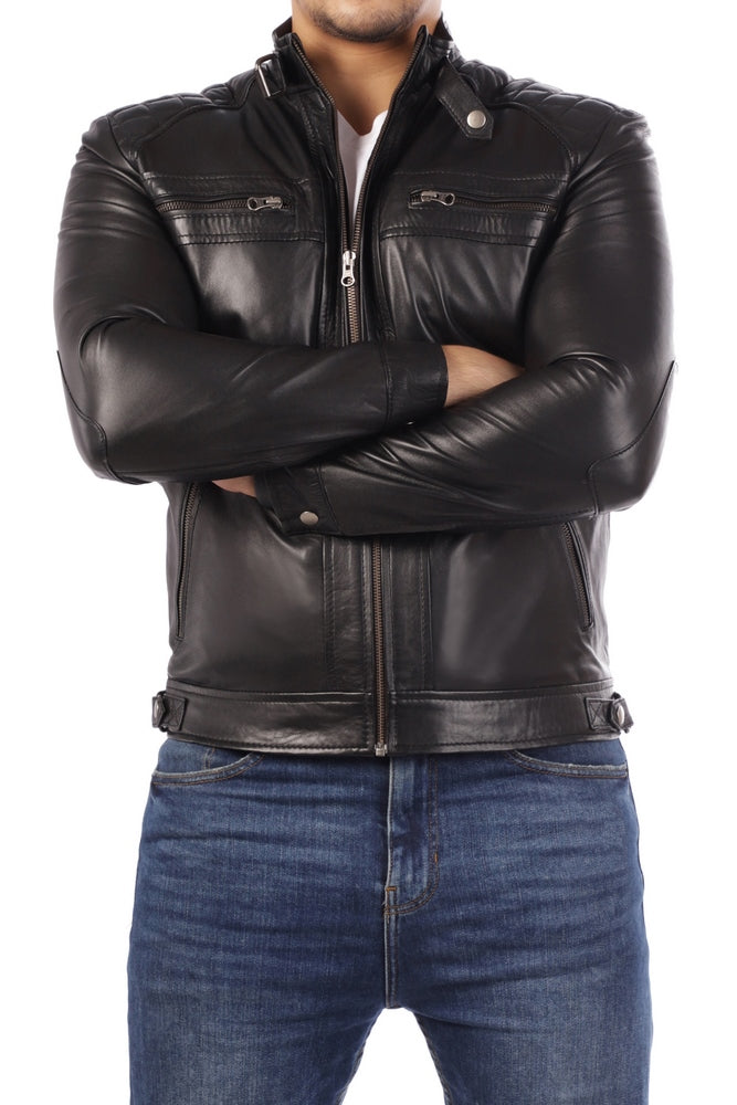 Men’s genuine lambskin leather jacket with quilted diamond pattern and four zip pockets