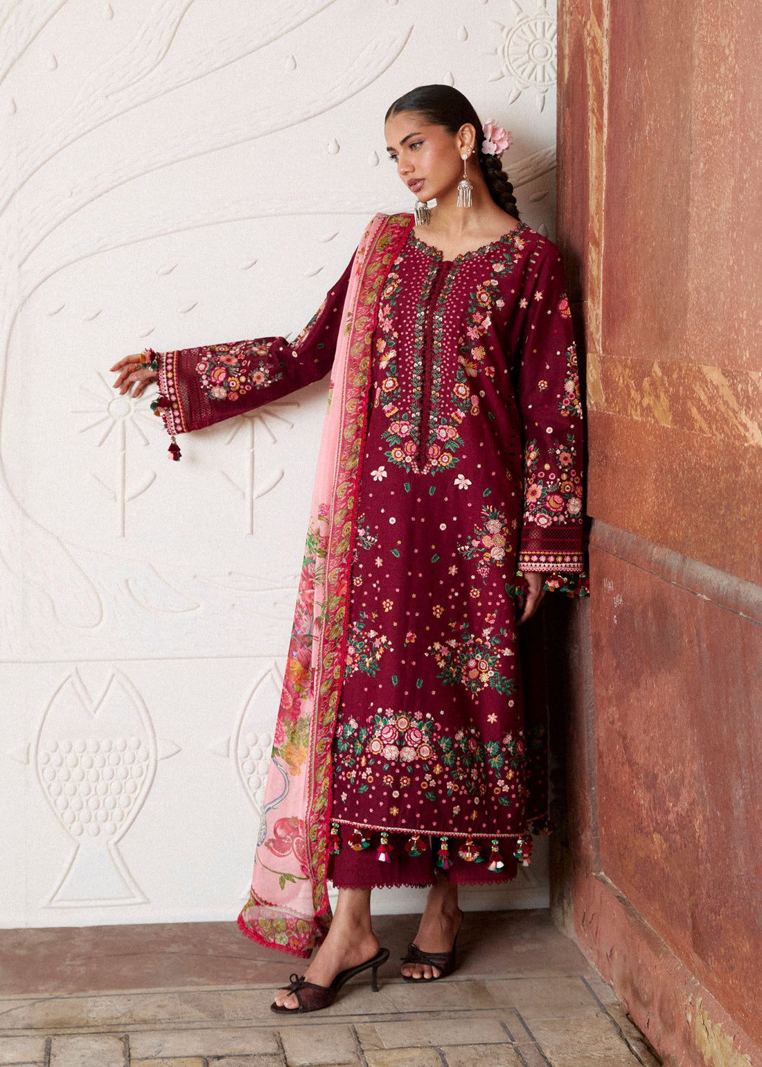 Buy from khaslibaas | Hussain Rehar Zan ss26 | 3 piece unstitched embroidered lawn suit for women (Kestane).choose good quality brands like Maria b, Sobia Nazir zainab Chottani Various Pakistani branded dresses summer fabric, elegant design, perfect for casual & formal wear.delivery available in UK, USA, Canada, UAE, Dubai and other countries... 