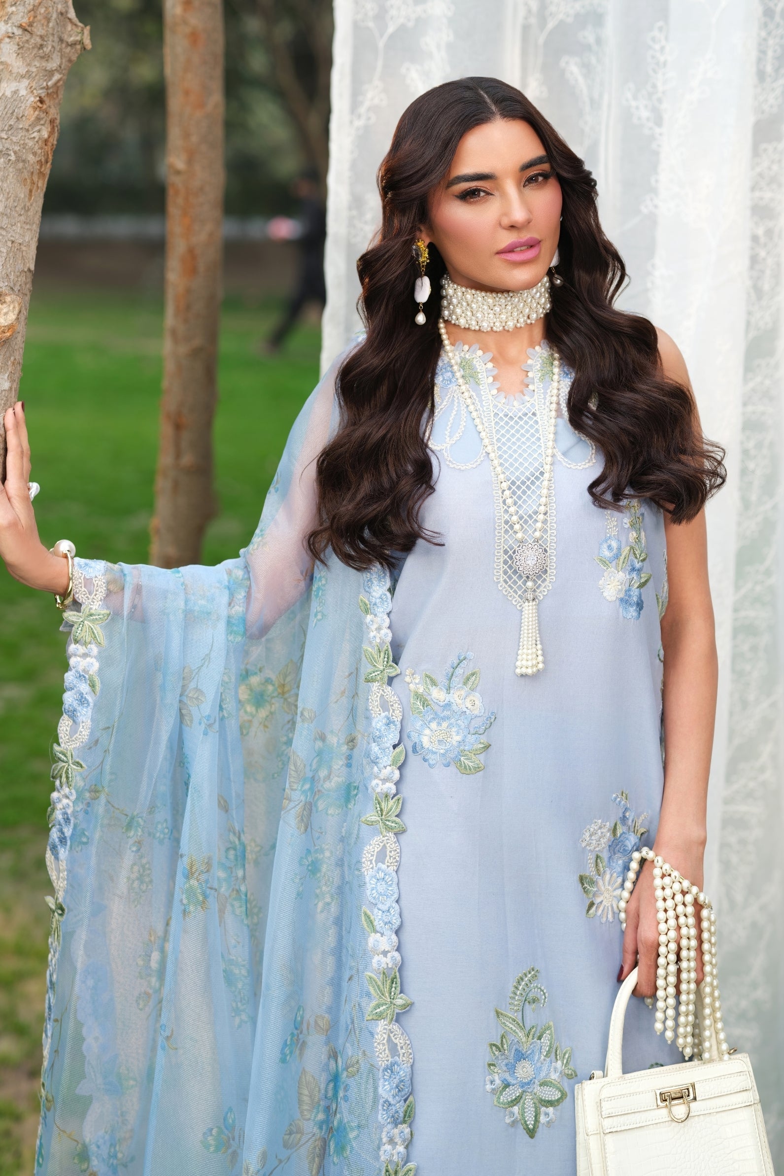 Buy from khaslibaas | Maryam Hussain Luxury Lawn '26 | 3 piece unstitched embroidered lawn suit for women (Frost).choose good quality brands like Maria b, Sobia Nazir zainab Chottani Various Pakistani branded dresses summer fabric, elegant design, perfect for casual & formal wear.delivery available in UK, USA, Canada, UAE, Dubai and other countries... 