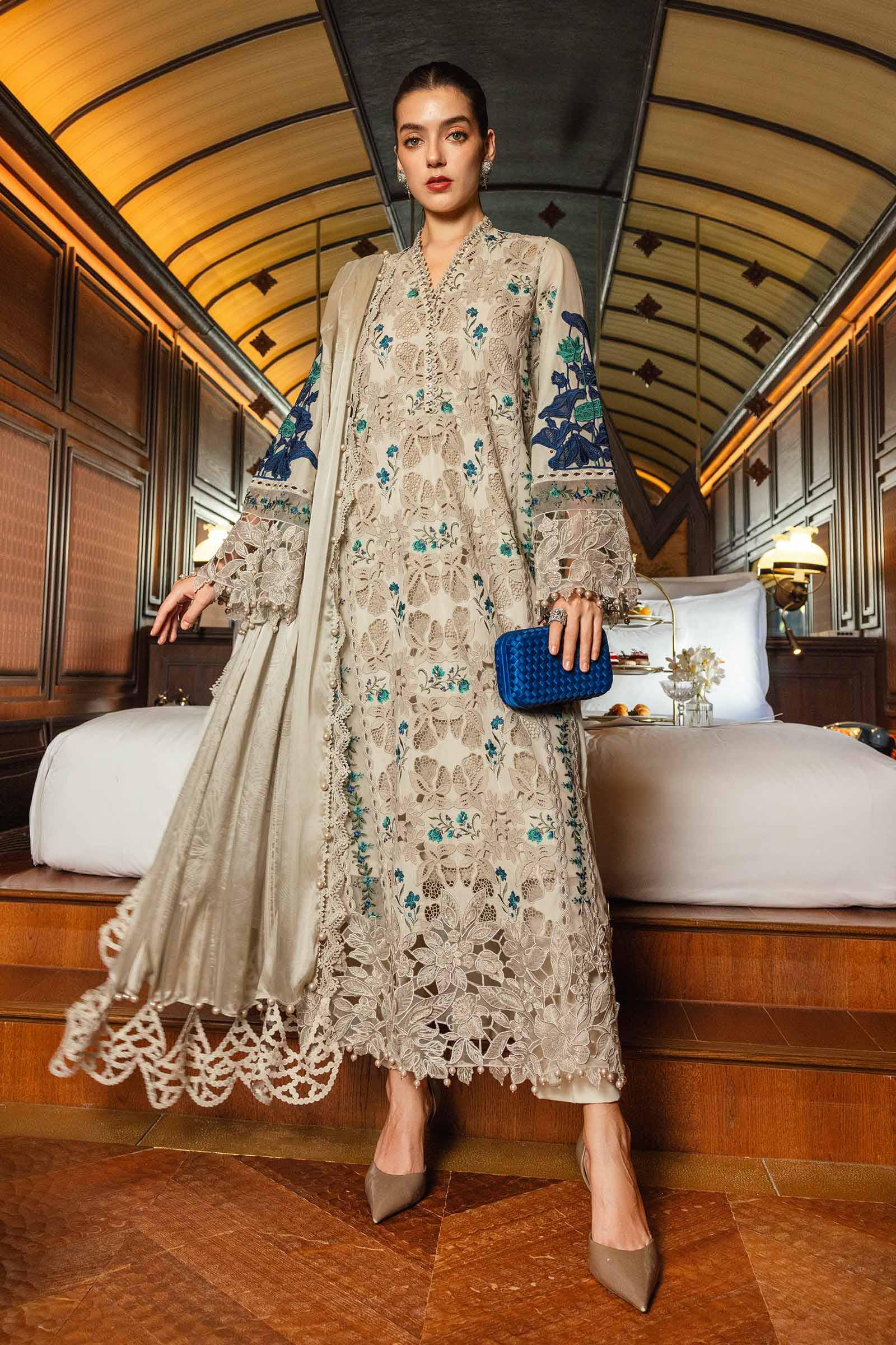 Buy from khaslibaas mariab Luxury lawn Eid II - 3 piece unstitched embroidered lawn suit for women ( D-08).choose good quality brands like Maria b Sobia Nazir Various Pakistani branded dresses summer fabric, elegant design, perfect for casual & formal wear.delivery available in UK, USA,Australia, Canada, UAE, Dubai and other countries... 